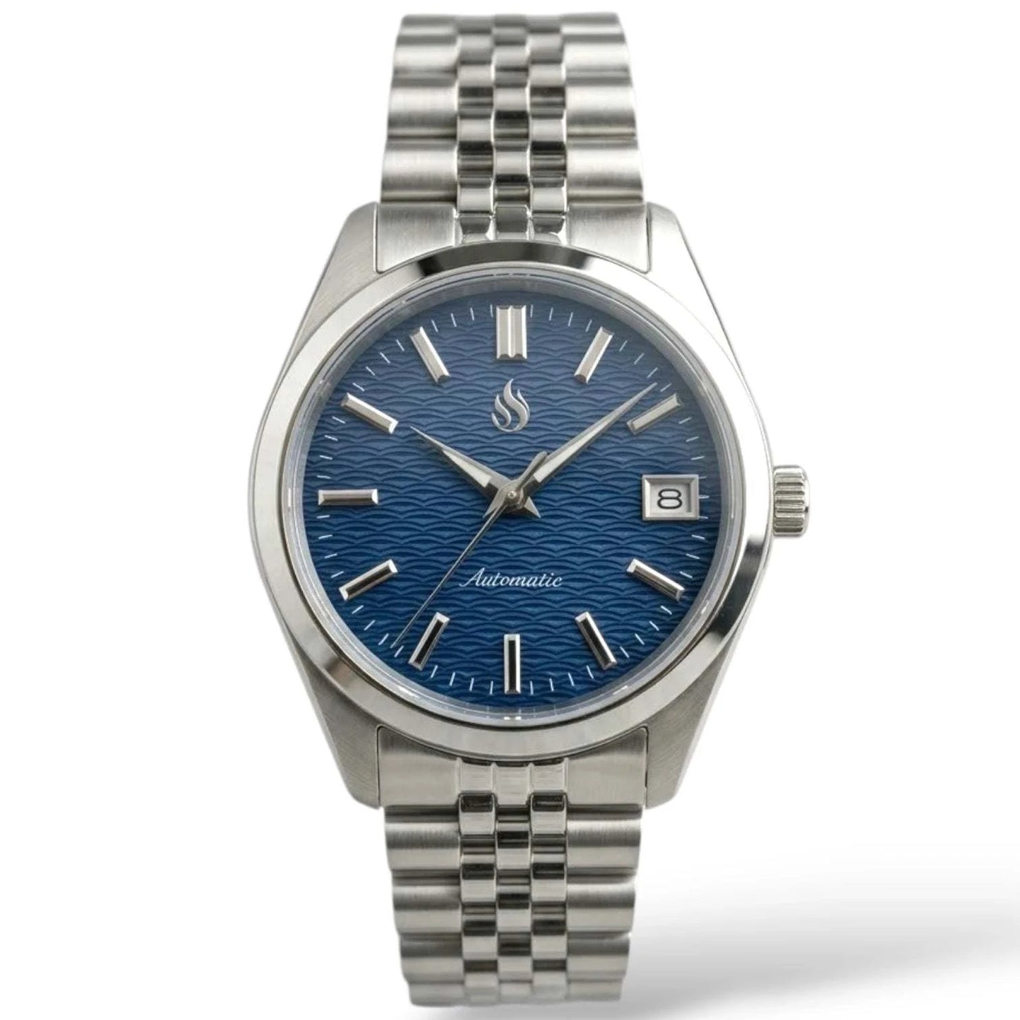 Date Window Silver Dark Blue Wave Dial Mod Watch - Modtime Creations