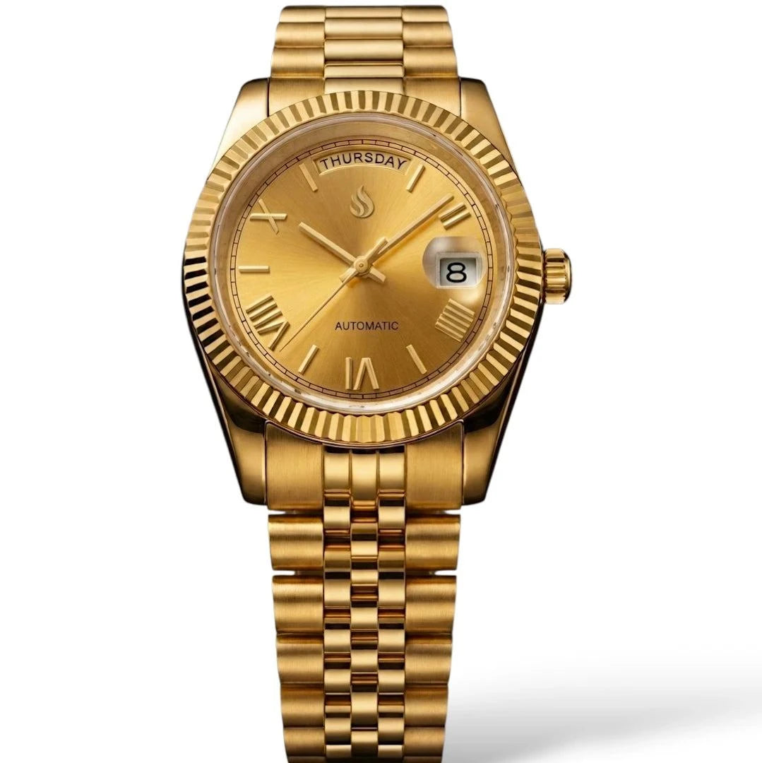Modded Seiko Daydate watch with gold Roman numerals, day and date display, and sapphire crystal dial by Modtime Creations 