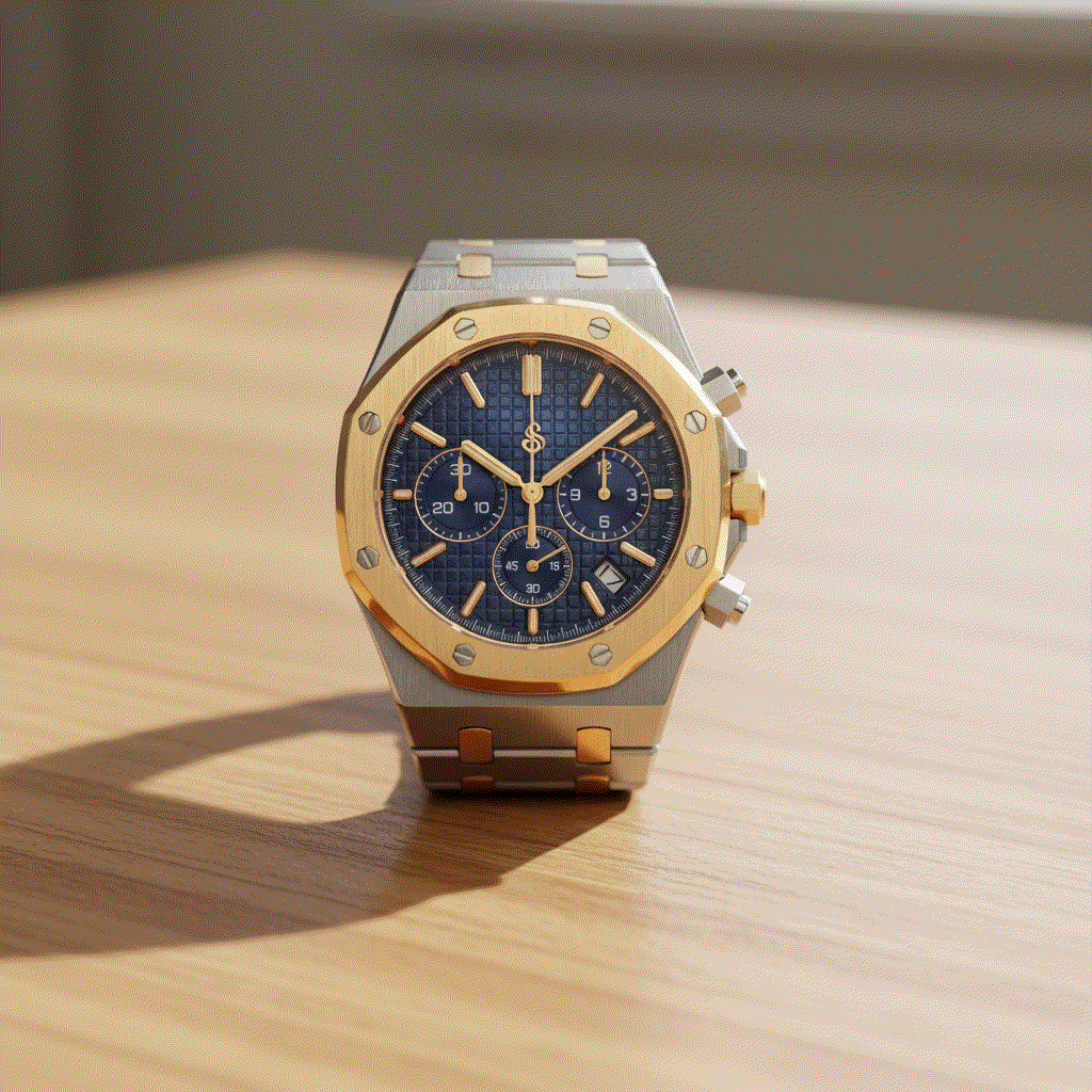 Modded Seiko Heritage Oak chronograph watch with two-tone blue dial and stainless steel bracelet