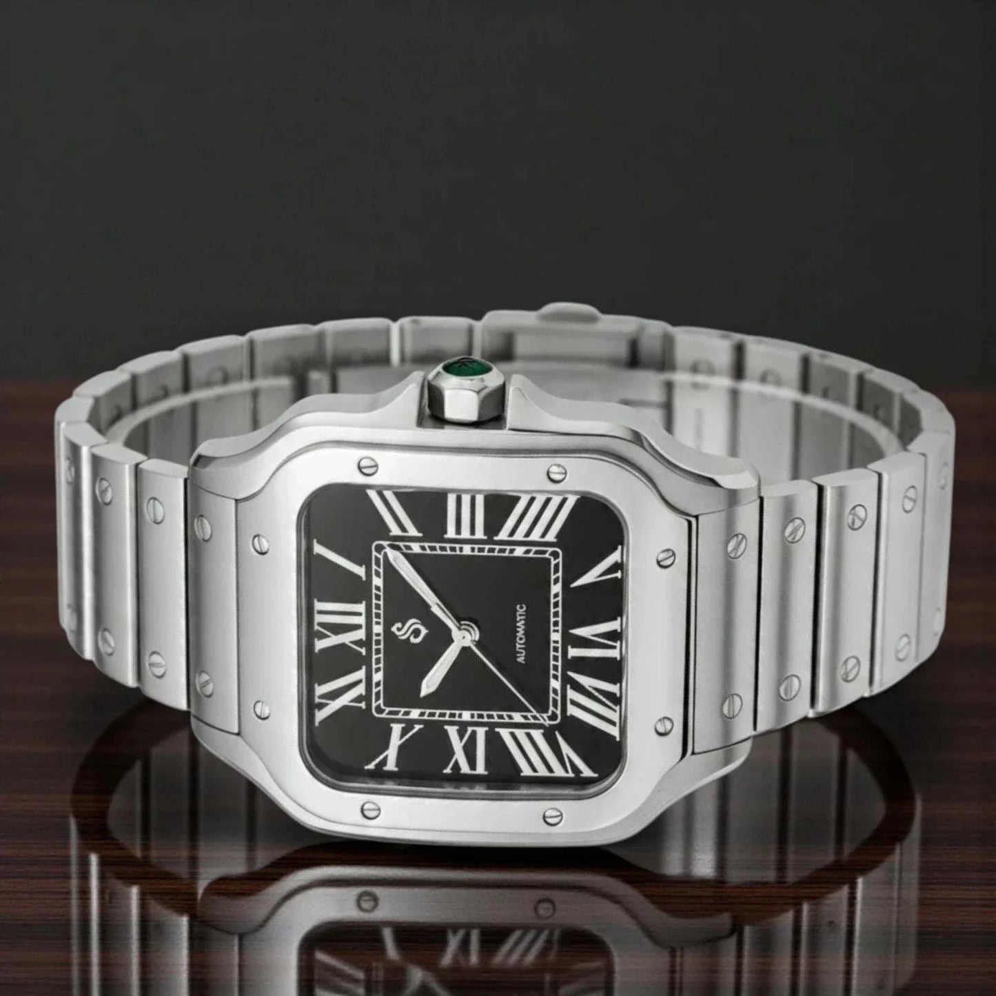 Santeiko silver case Seiko Mod watch with black dial and stainless steel bracelet by Modtime Creations