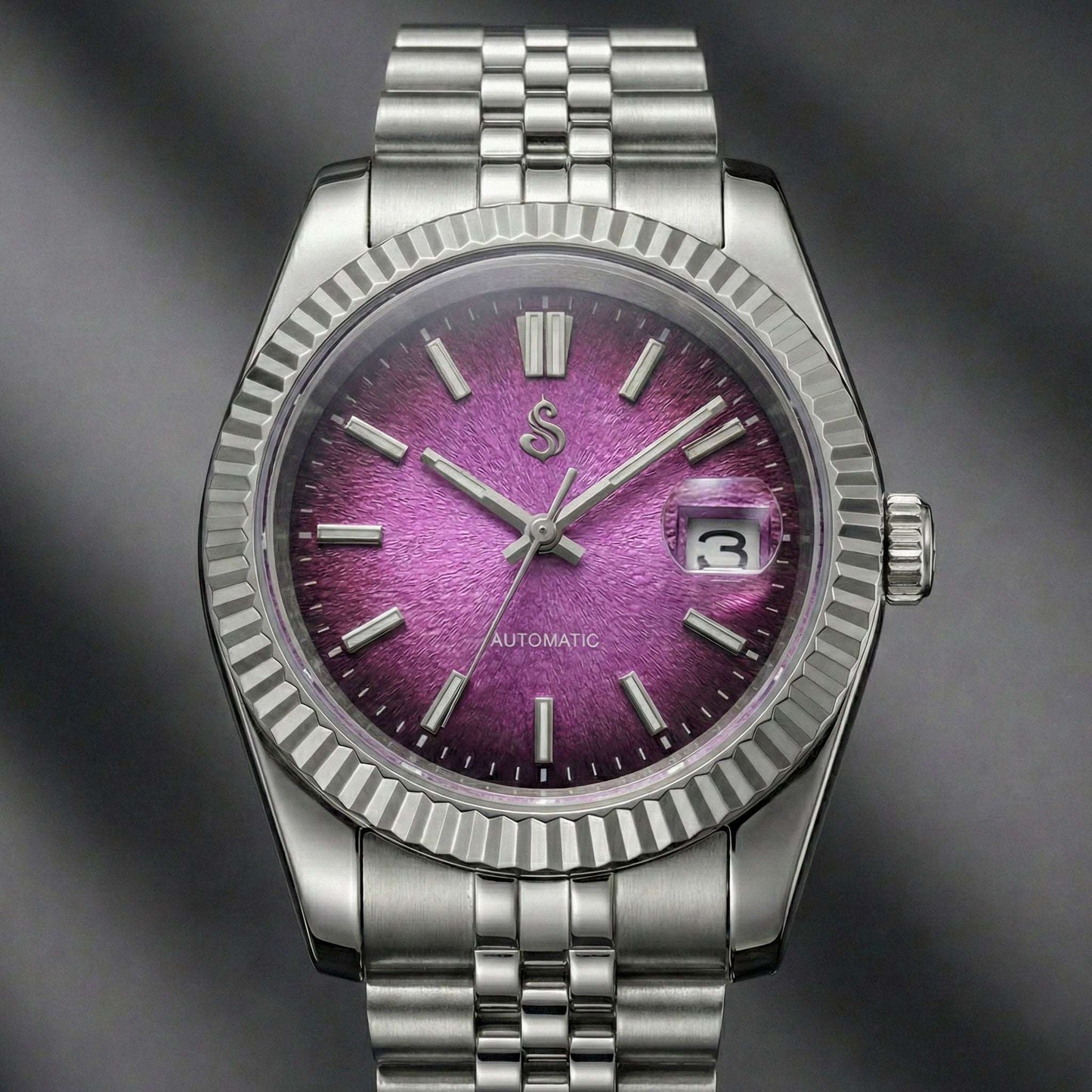 Seiko MOD watch with textured grand purple dial and date window by Modtime Creations