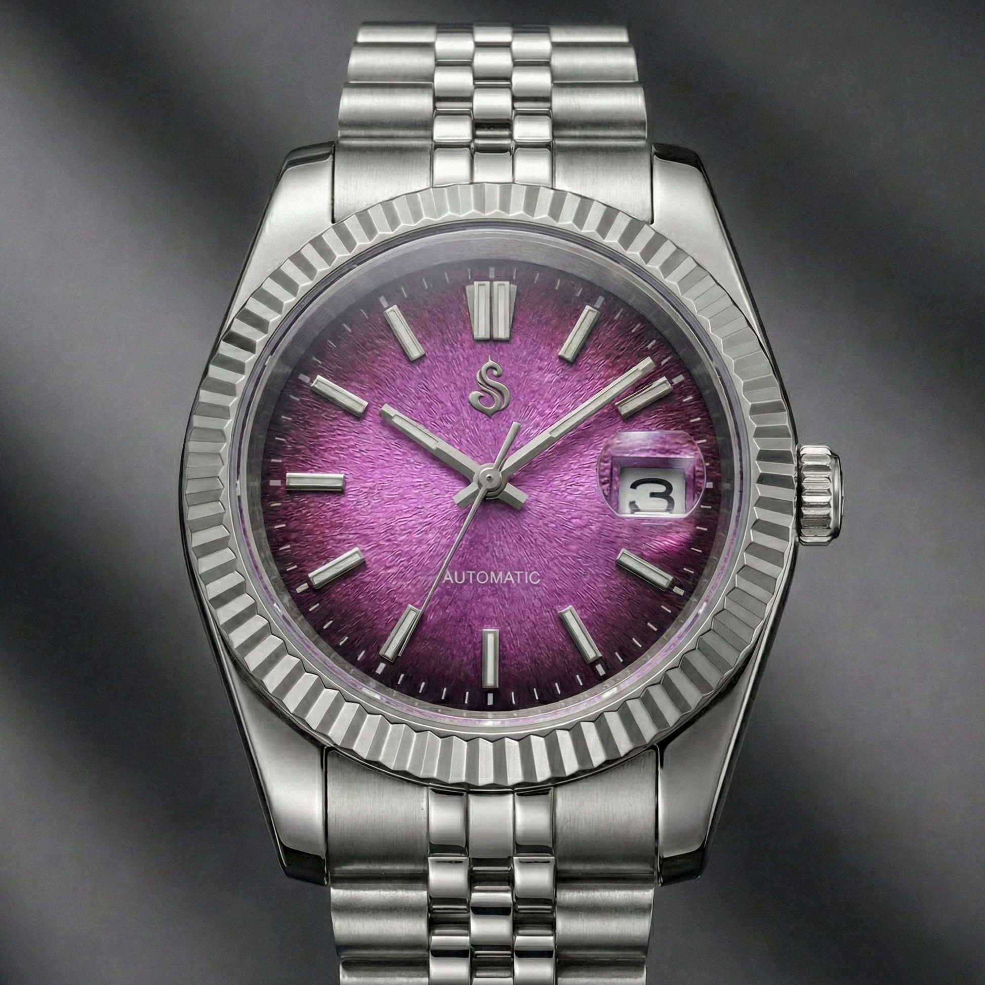Seiko MOD watch with textured grand purple dial and date window by Modtime Creations