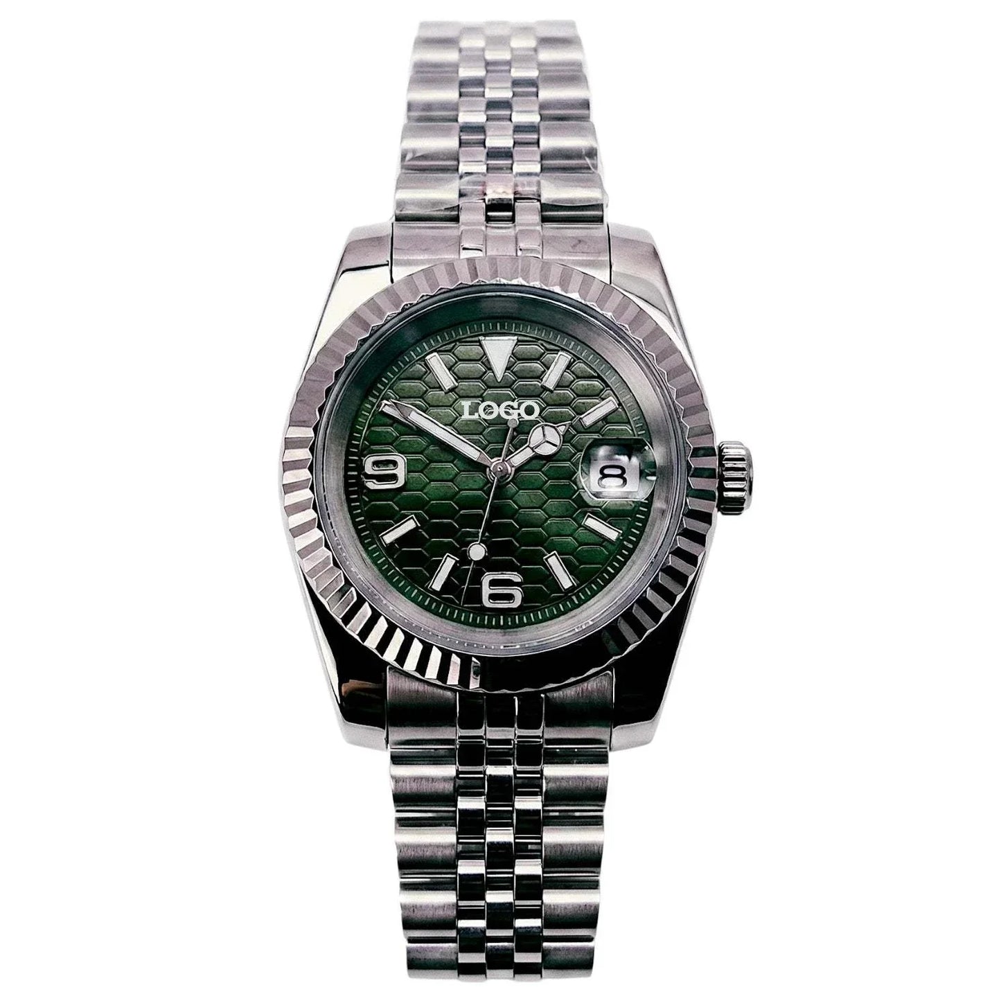 SeikJust Date Window silver green dial Seiko Mod with NH35 automatic movement