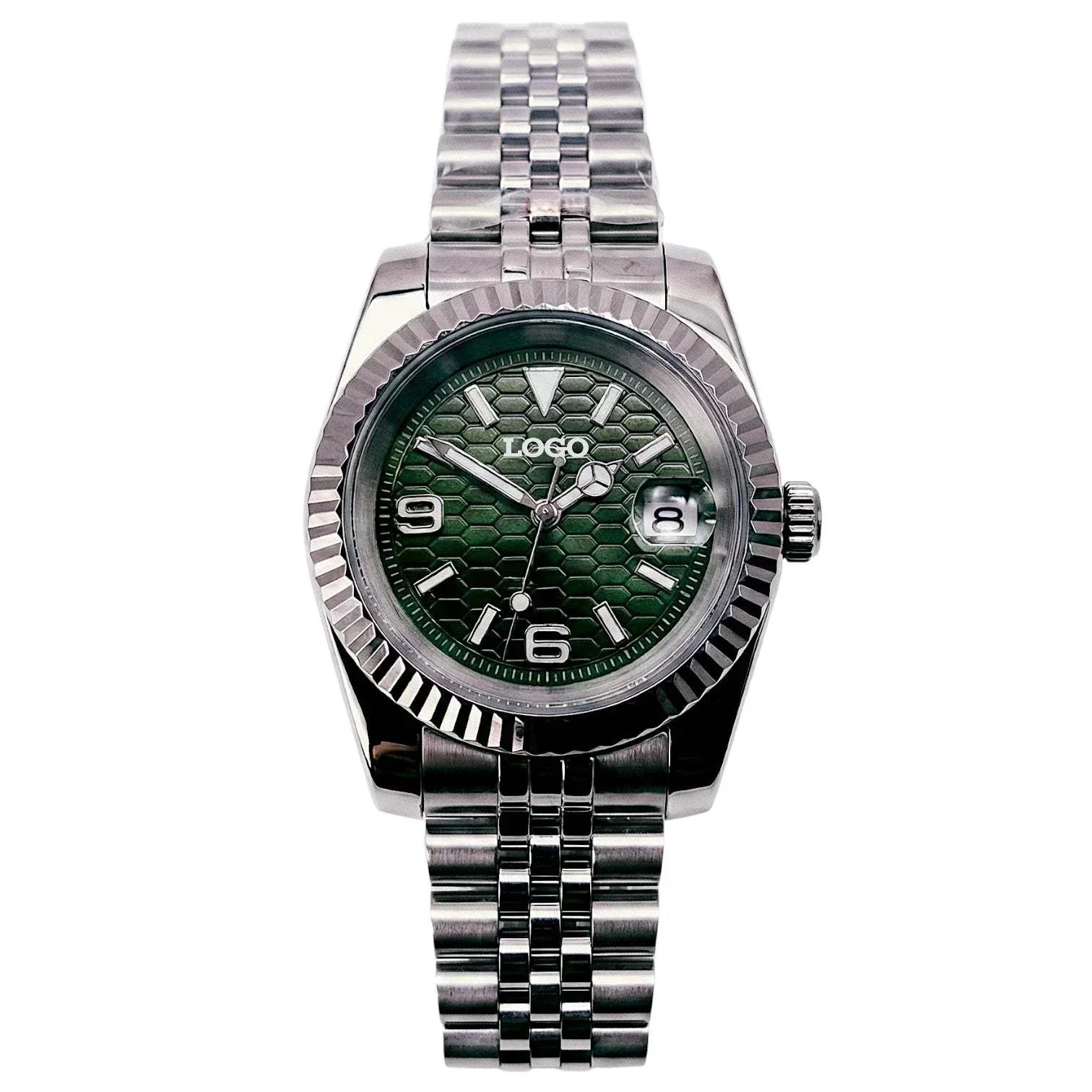 SeikJust Date Window silver green dial Seiko Mod with NH35 automatic movement