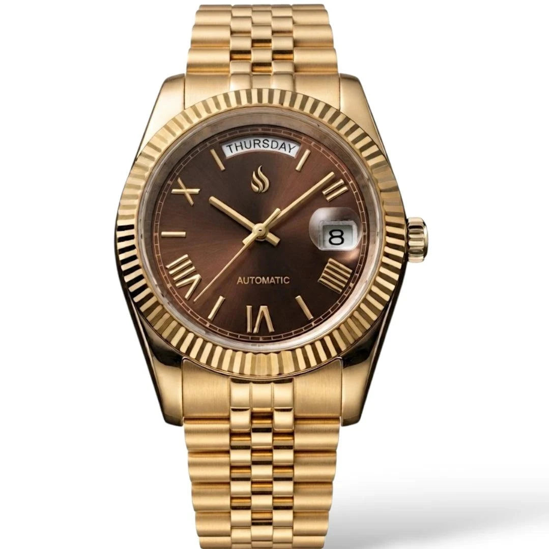 Seiko Mod DayDate watch with gold chocolate Roman numerals dial by Modtime Creations