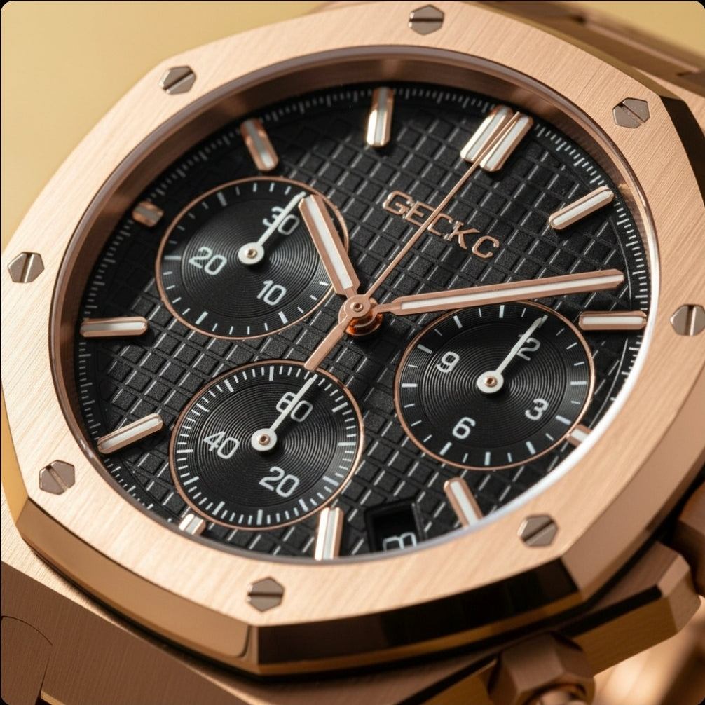 Heritage Oak Mod Black Dial chronograph luxury modded Seiko watch with stainless steel bracelet