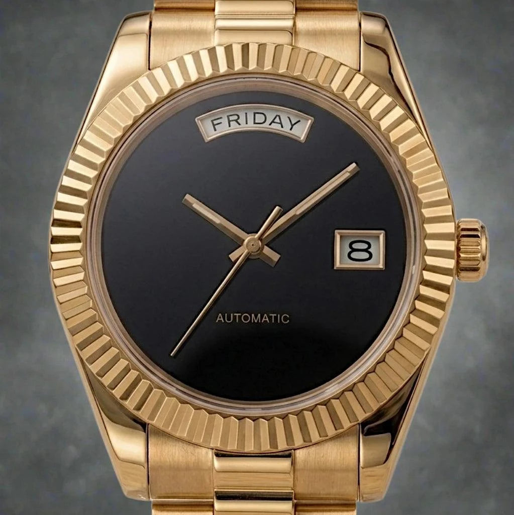 Modtime DayDate Seiko Mod luxury watch in black and gold with Miyota 8285 movement