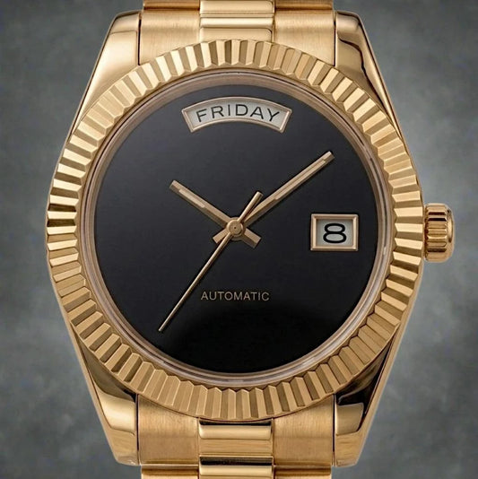 Modtime DayDate Seiko Mod luxury watch in black and gold with Miyota 8285 movement