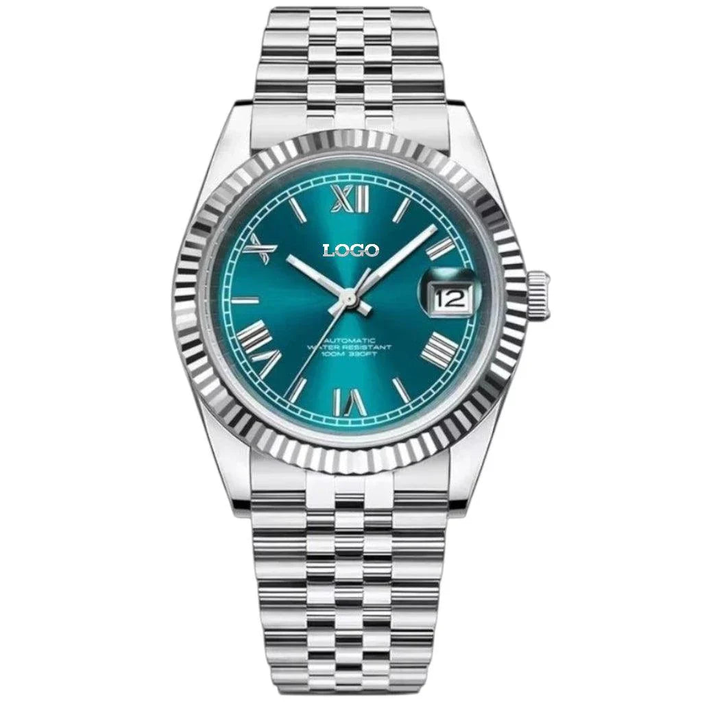 Seiko Mod DateJust Luxury watch with blue Roman numeral dial and date window, handcrafted with NH35 automatic movement and sapphire crystal.