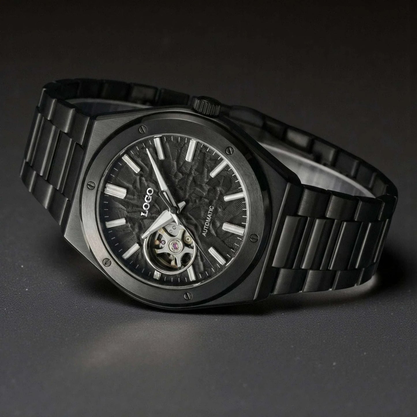 Black open-heart dial Seiko Mod watch by Modtime Creations with sapphire crystal and stainless steel case