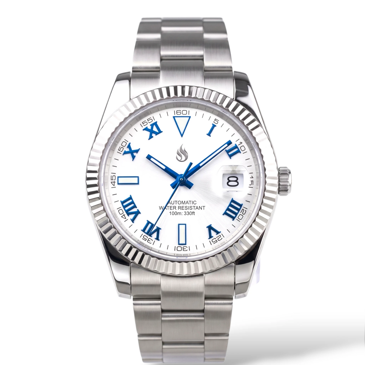 SeikJust Date Window White Blue Roman Numeral Dial Mod Watch - Modtime Creations