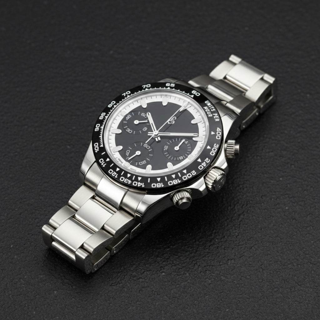 Seitona Black Seiko Mod chronograph watch with white dial and stainless steel case