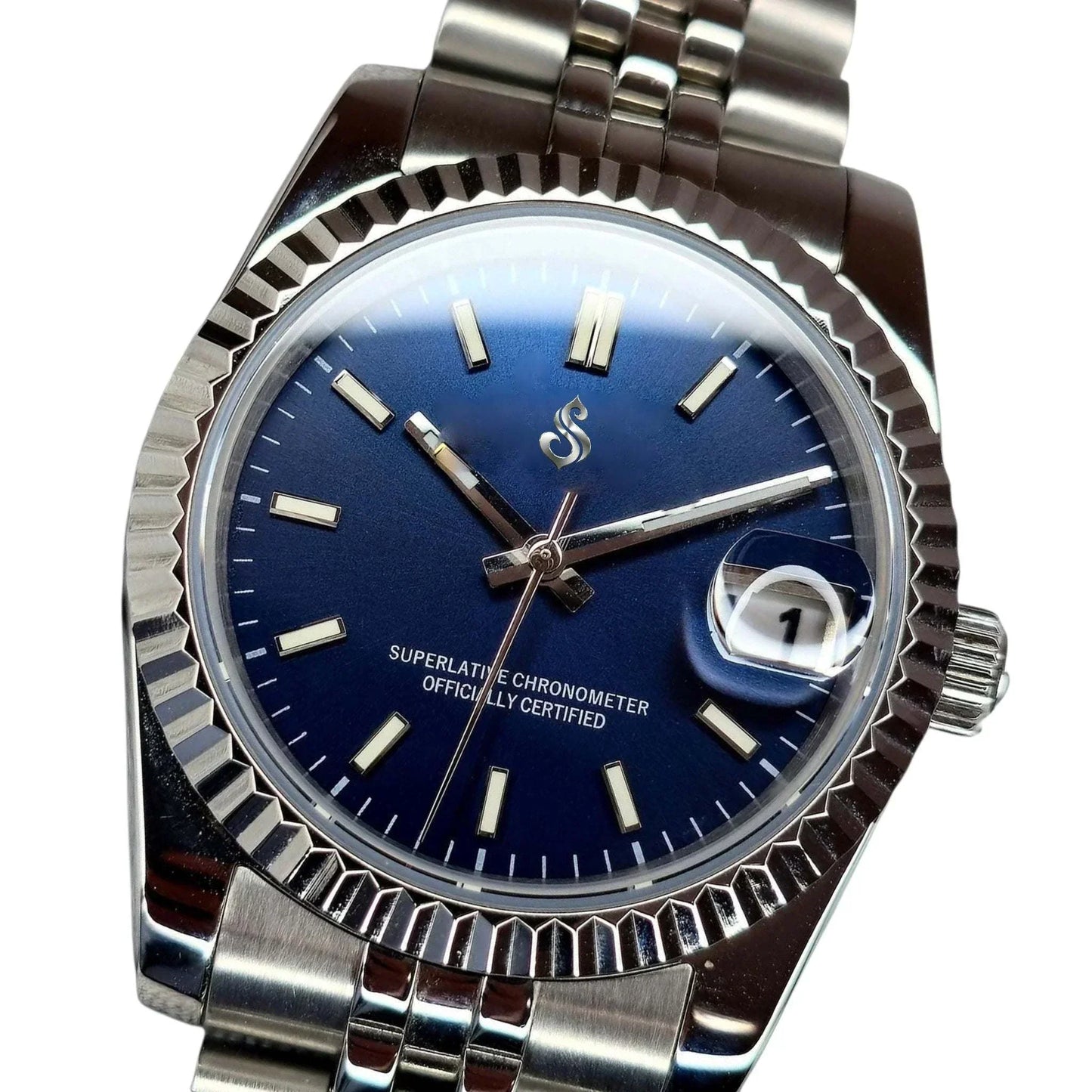SeikJust date window watch with silver blue dial, NH35 automatic movement, and stainless steel case.