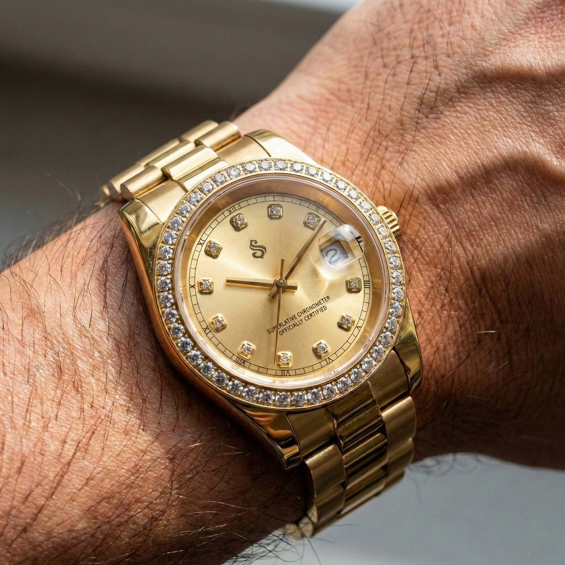 Seiko Mod luxury watch with gold gem dial and bling bezel by Modtime Creations