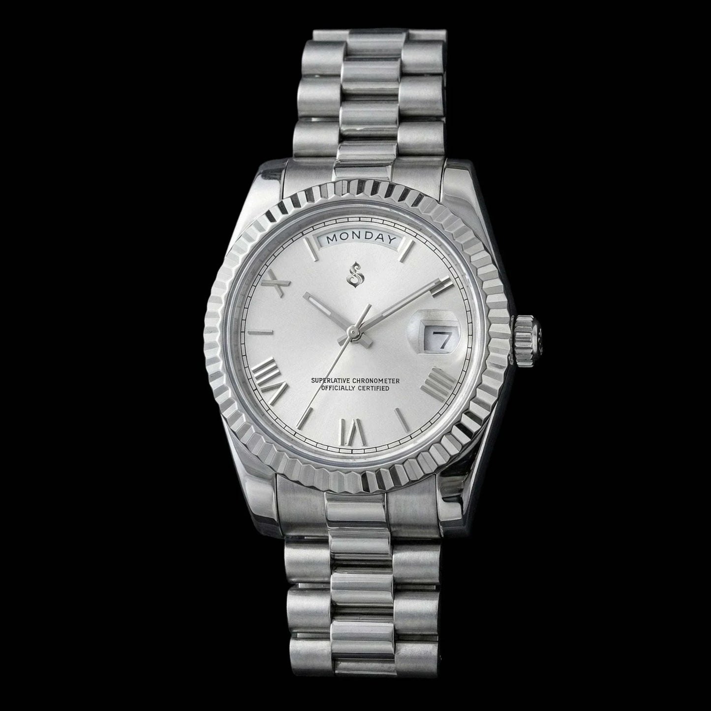 Modded Seiko watch with silver white dial and day-date display from Modtime Creations