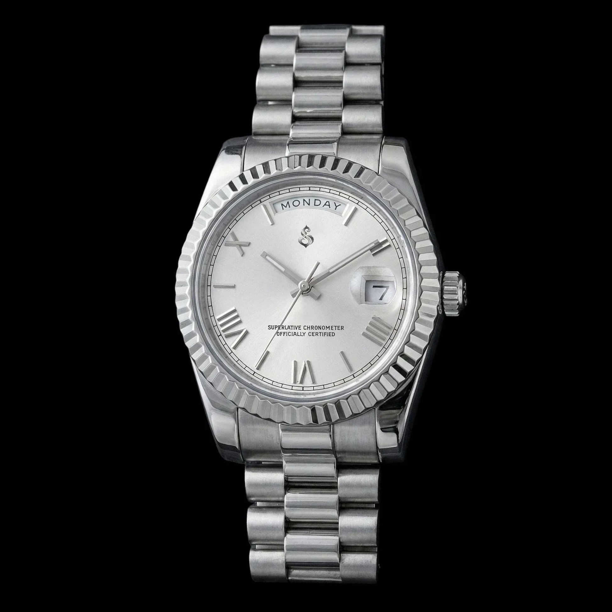 Modded Seiko watch with silver white dial and day-date display from Modtime Creations