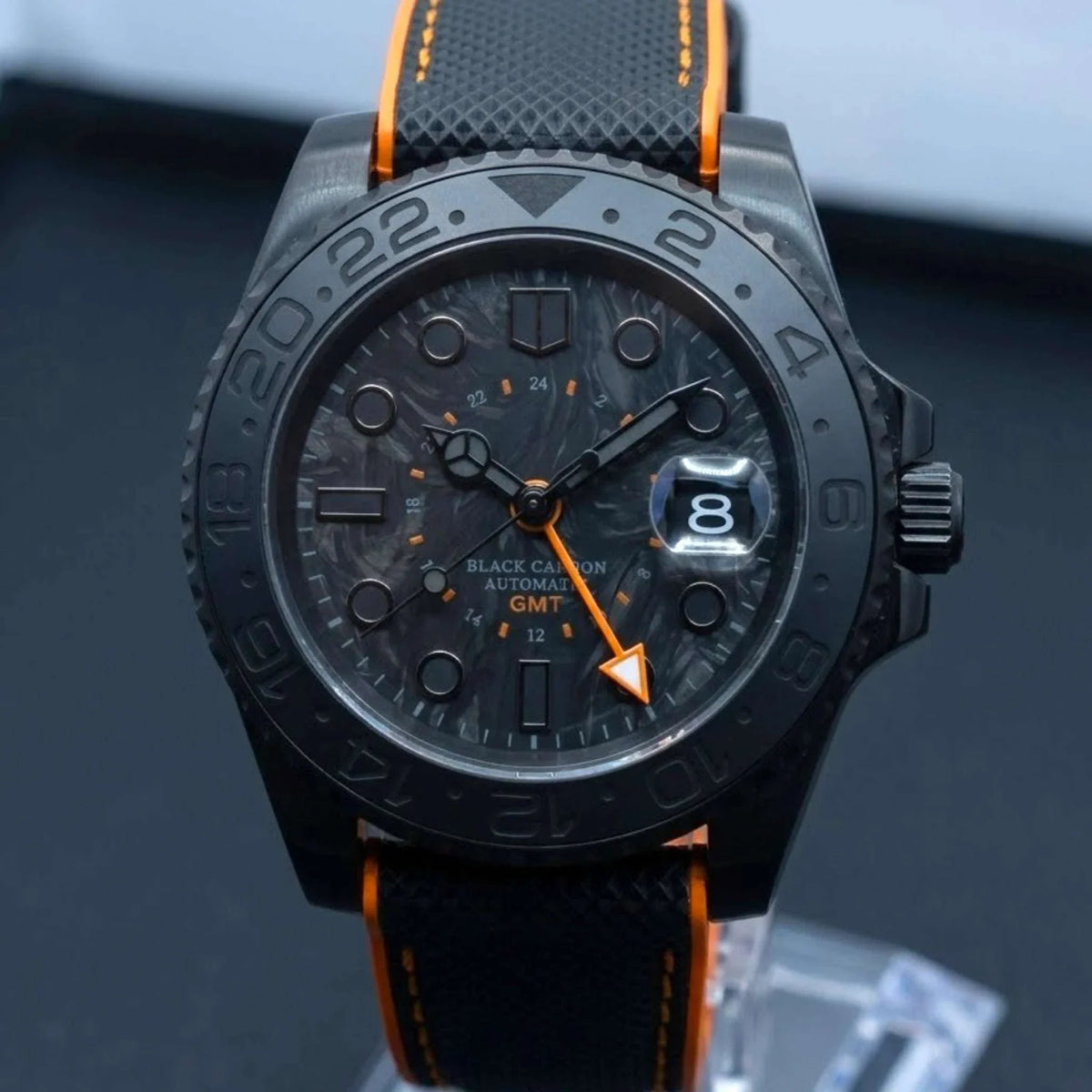 SeikMariner Carbon Fiber Black Orange Stealth GMT Mod Watch - Modtime Creations