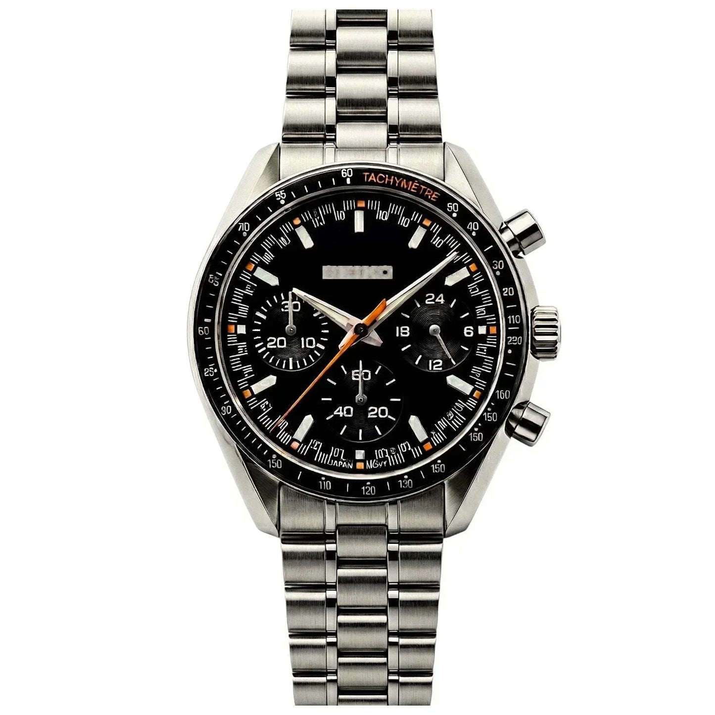 Seiko mod luxury black orange chronograph watch with VK63 hybrid movement and stainless steel case