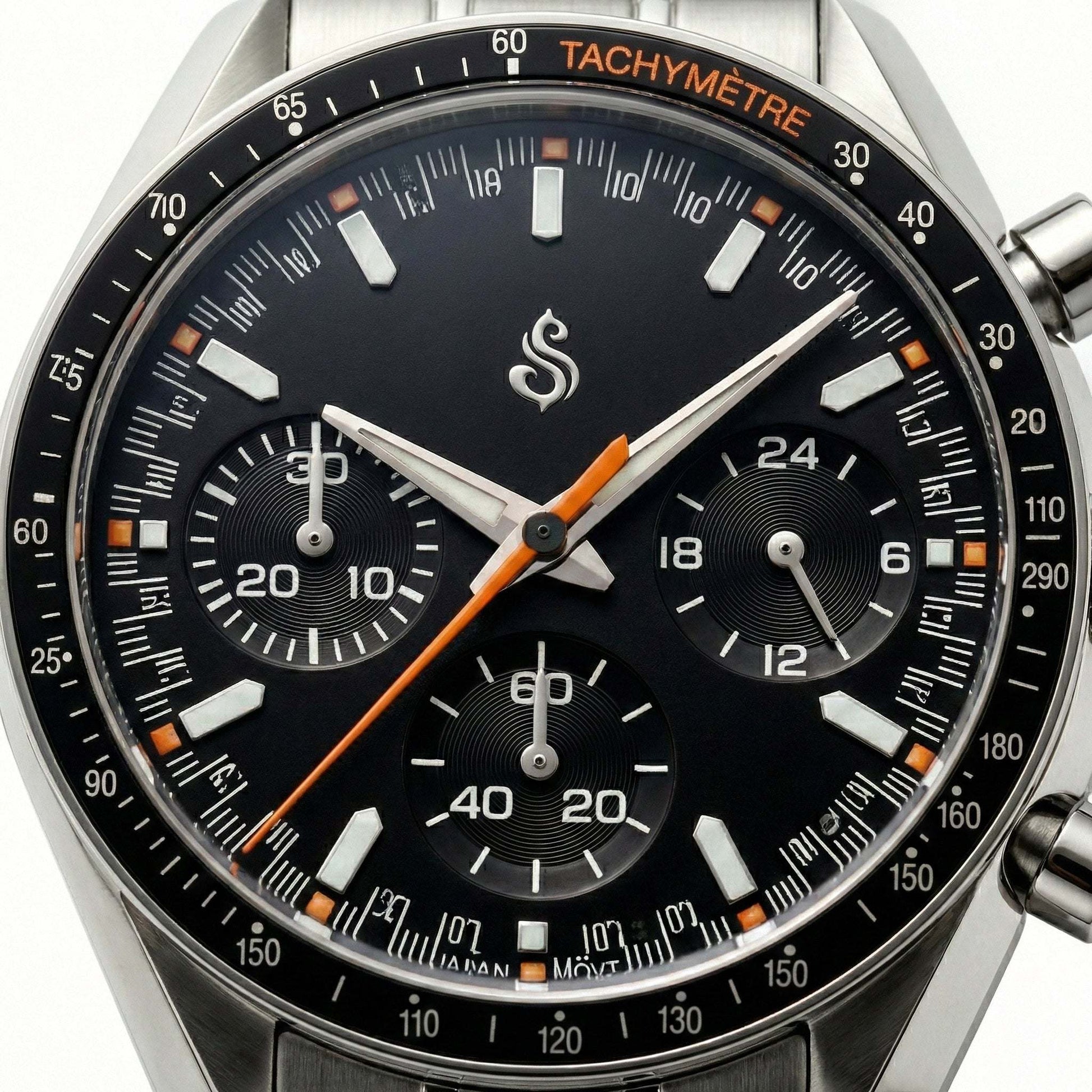 SeikSpeed Chronograph black orange Seiko mod watch with VK63 hybrid movement and stainless steel case