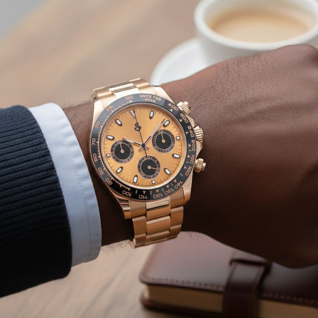 Seitona Rose Gold Seiko Mod watch with black dial and gold black ceramic bezel
