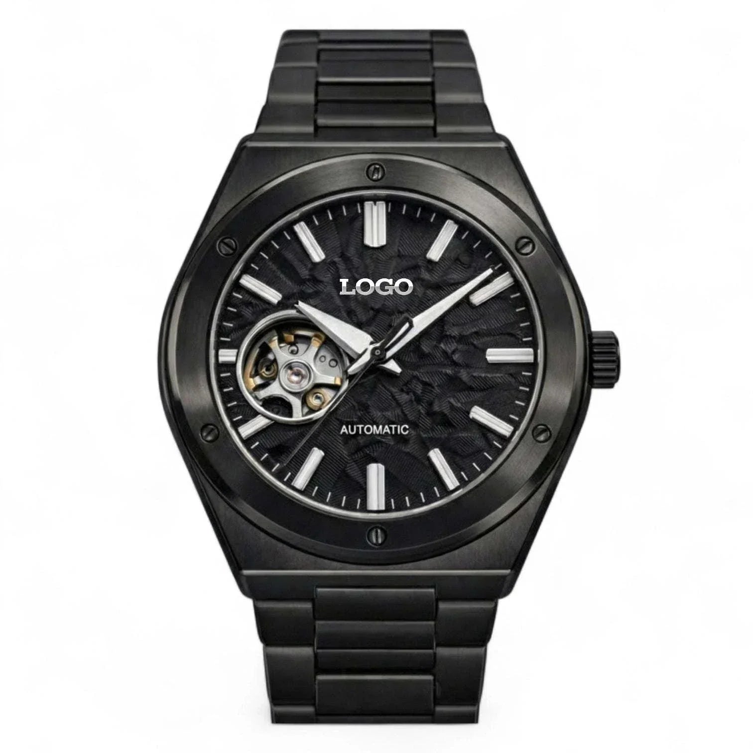 Midnight black Seiko Mod watch with open-heart dial and stainless steel case by Modtime Creations