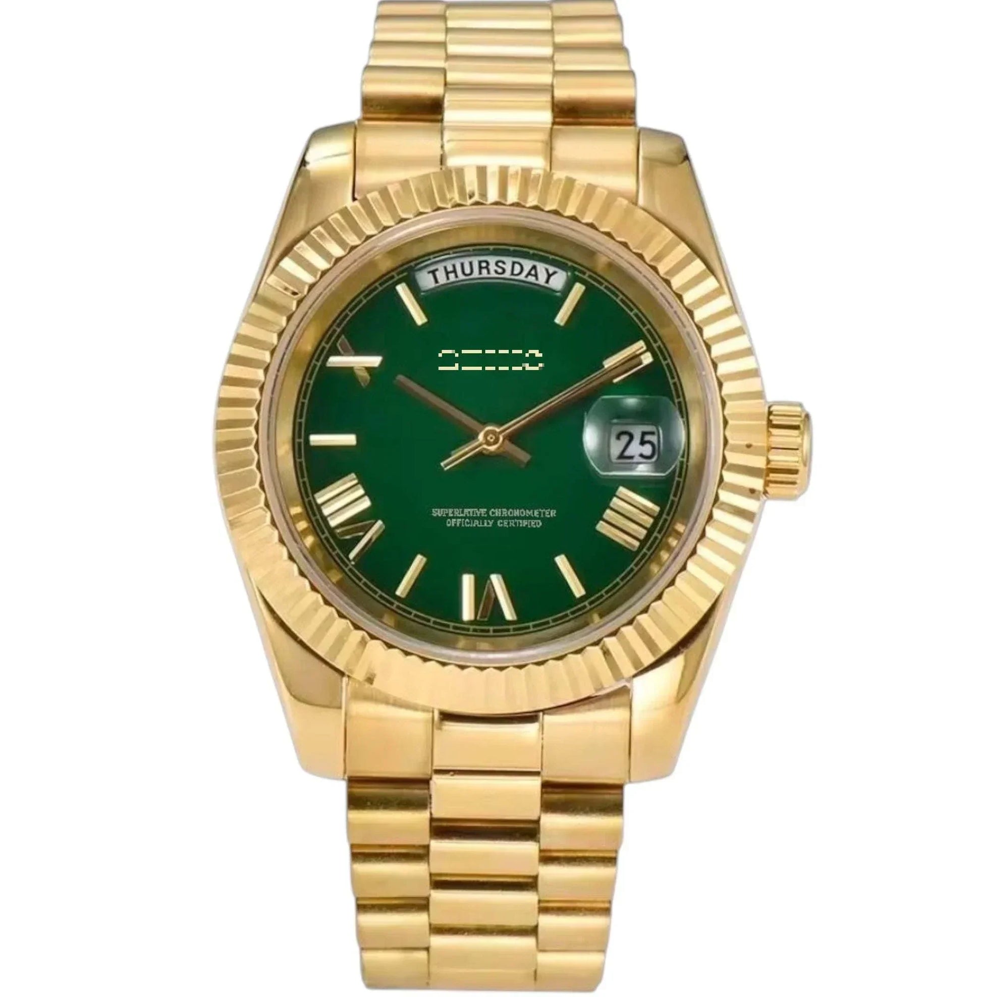 Modtime modded Seiko watch with green numerals day and date dial