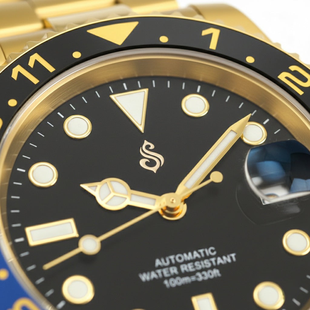 SeikMariner "Batman" gold black blue Seiko Mod diver watch with NH35 movement and sapphire crystal