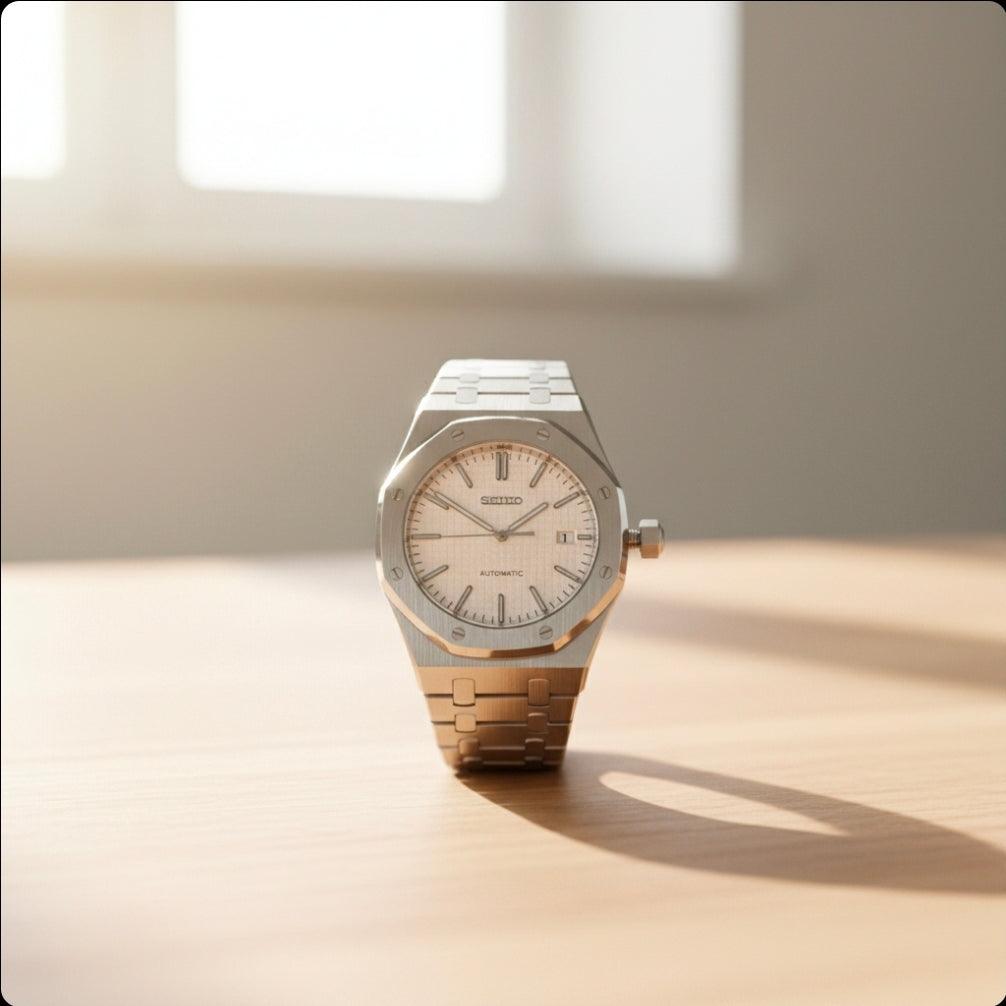 Seiko Mod Heritage Oak luxury watch with white dial and stainless steel case by Modtime Creations