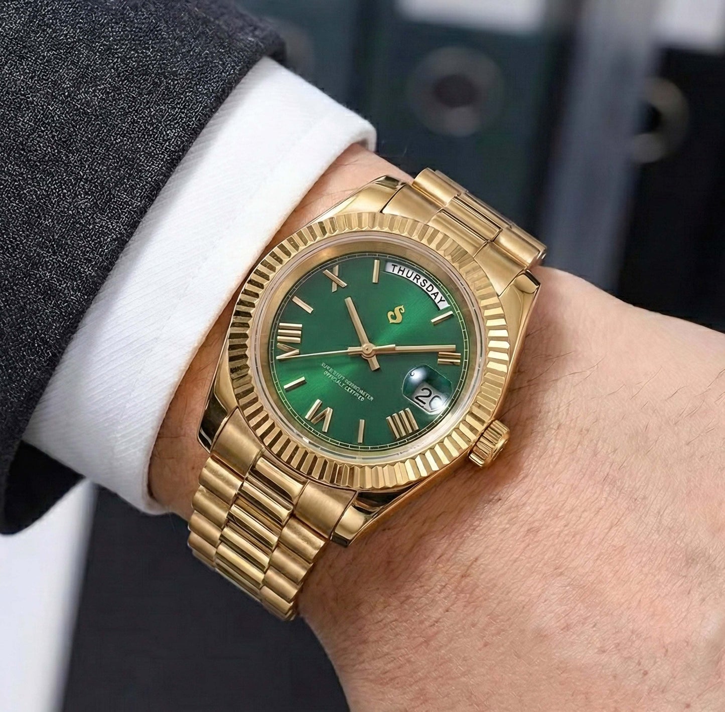 Modded Seiko watch with green numerals day and date dial by Modtime Creations