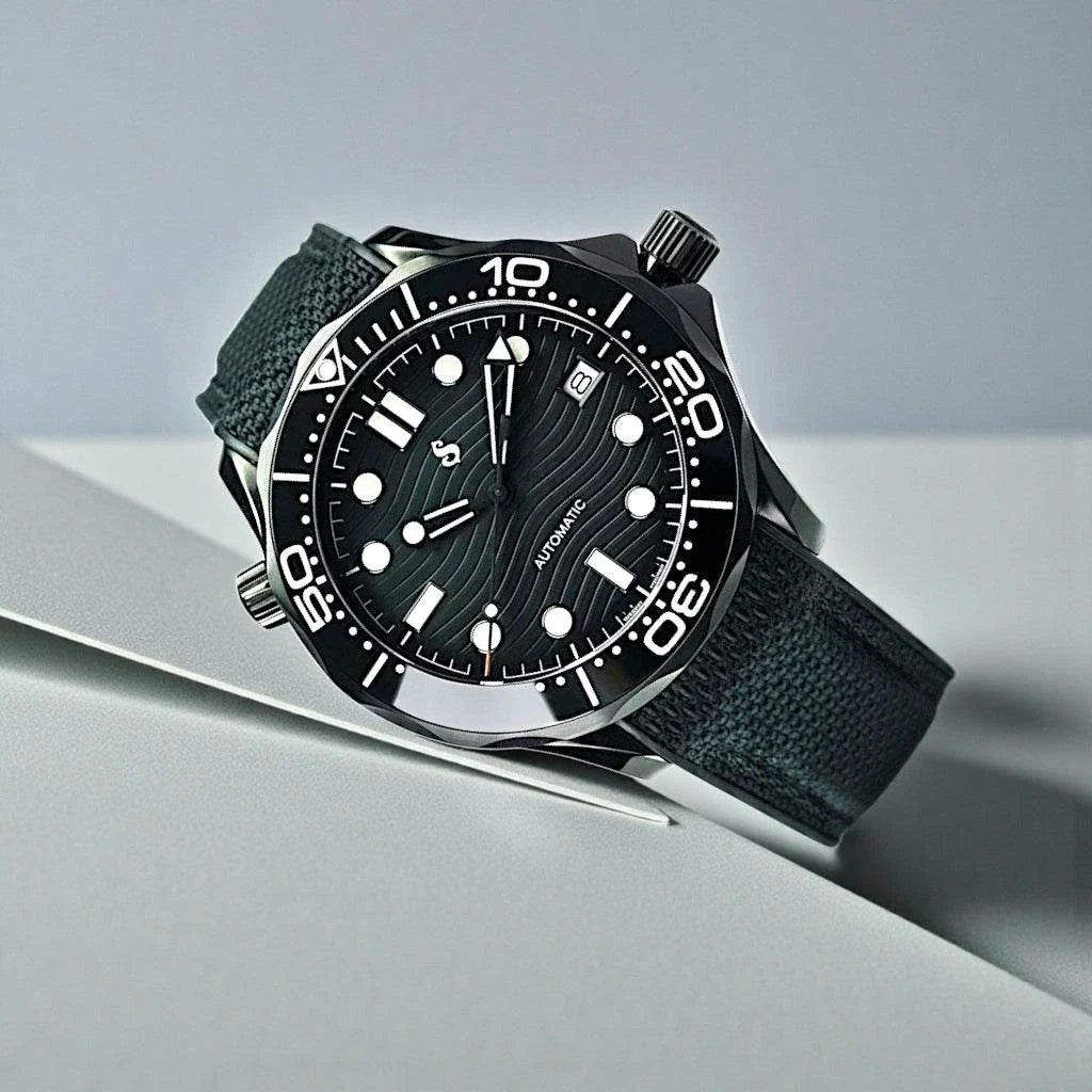 Seiko mod luxury watch with stealth black dial and black rubber bracelet