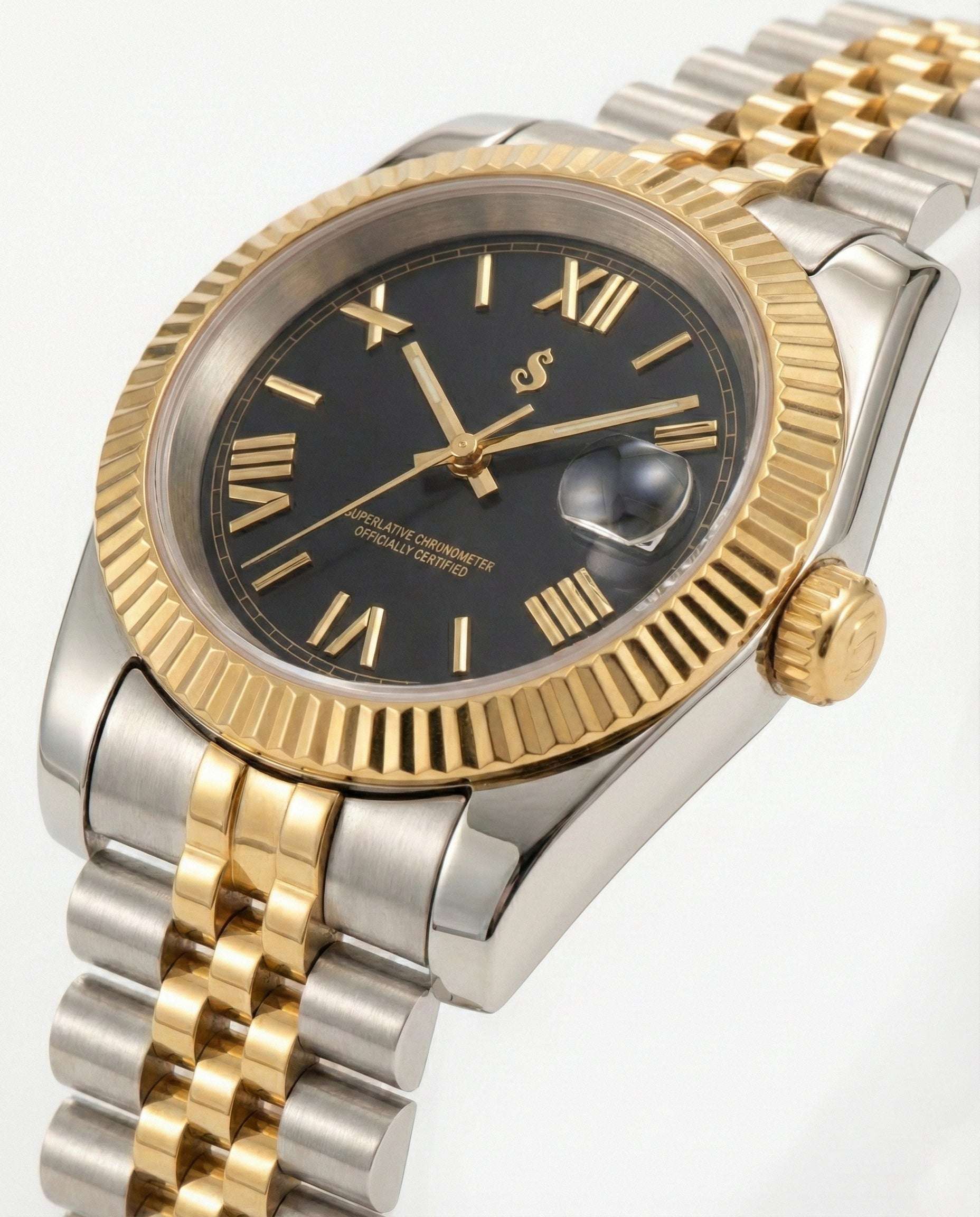 SeikJust two-tone Seiko Mod watch with Roman numerals and date window by Modtime Creations