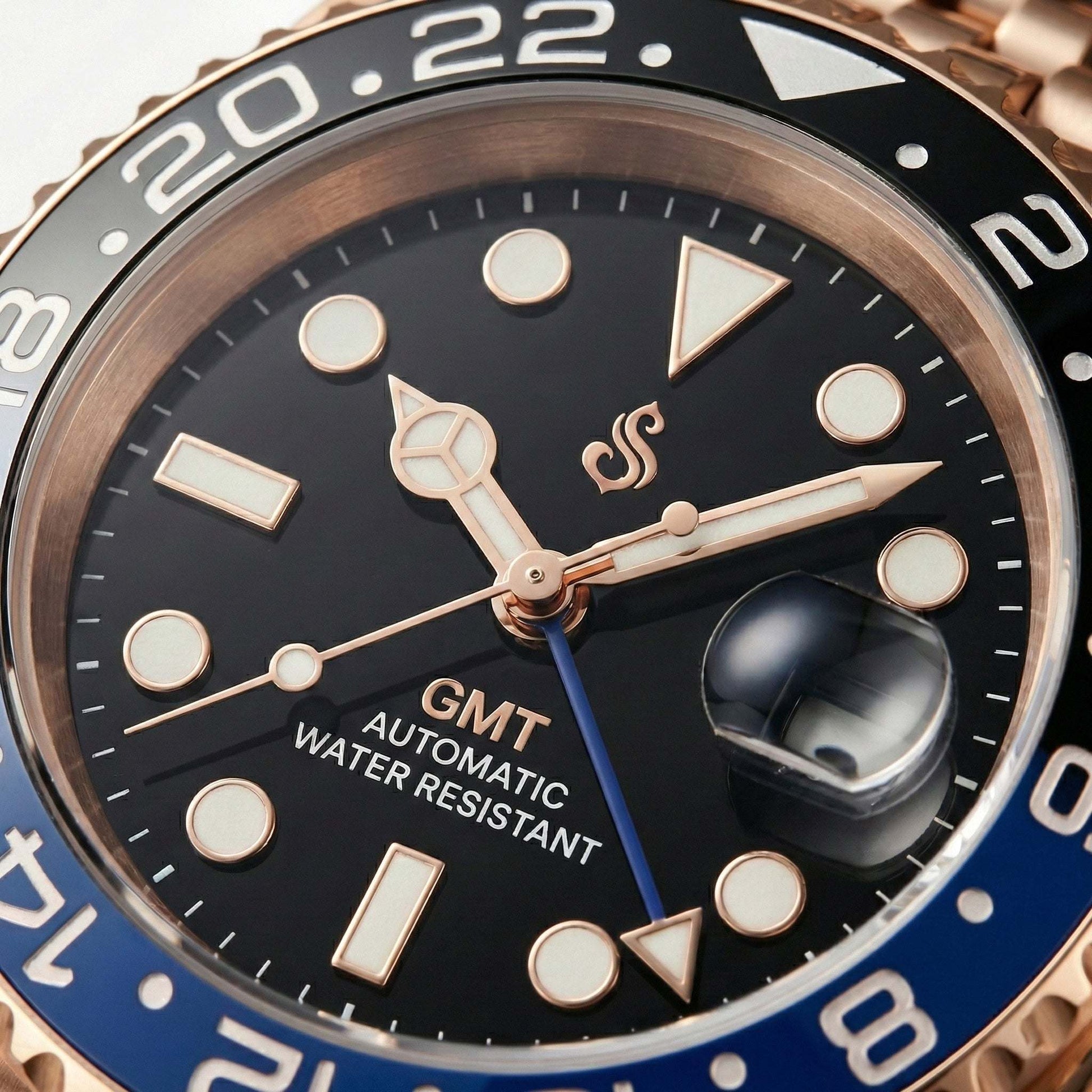 Modded Seiko SeikMariner GMT Batman Rose Gold watch with ceramic bezel and sapphire crystal