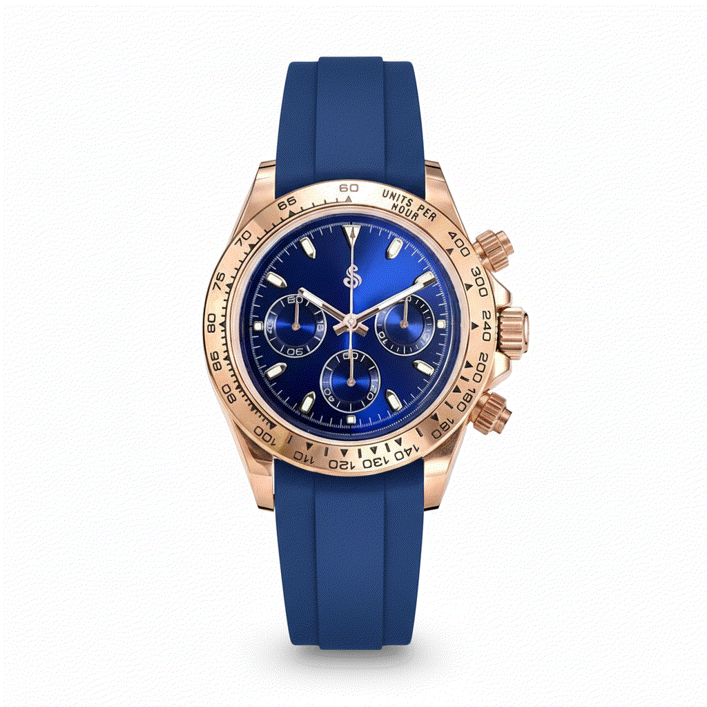 Seiko Mod Seitona rose gold watch with dark blue dial and chronograph features