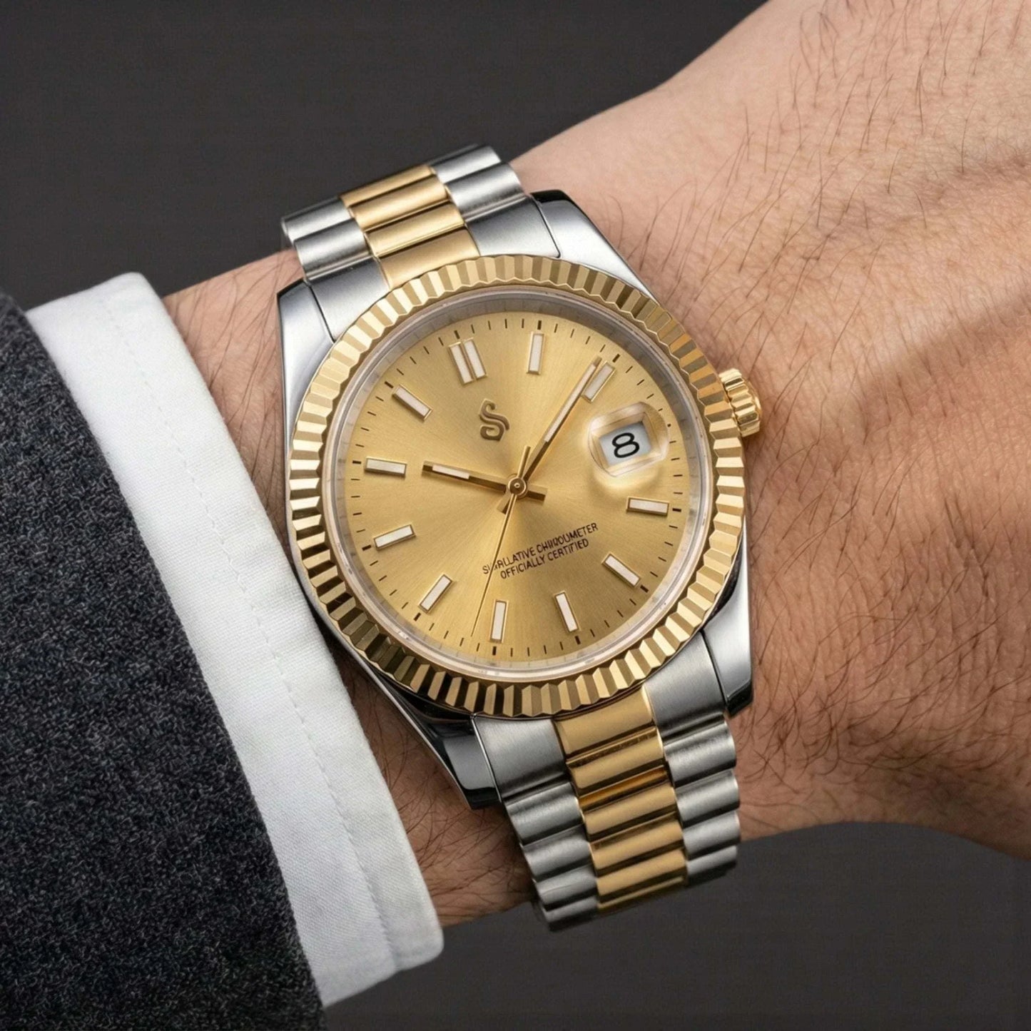 Two-tone Seiko Mod watch with gold date window by Modtime Creations, featuring NH35 automatic movement and sapphire crystal
