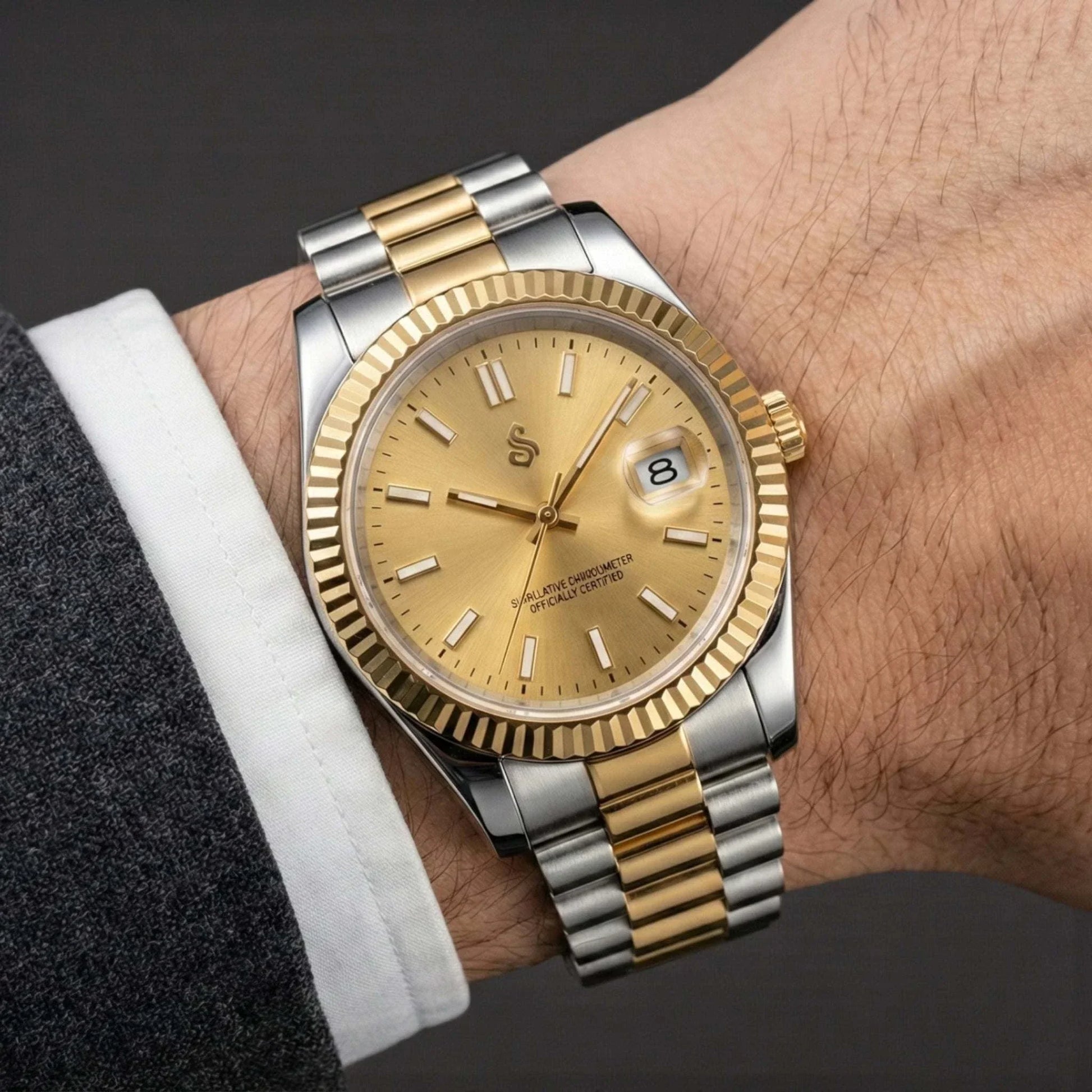 Two-tone Seiko Mod watch with gold date window by Modtime Creations, featuring NH35 automatic movement and sapphire crystal