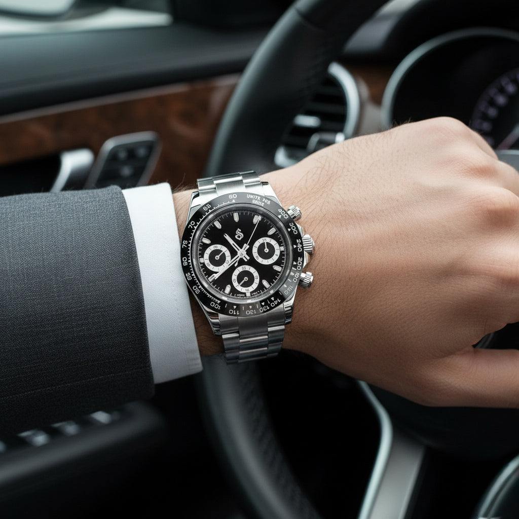 Seitona Black Panda Seiko Mod chronograph watch with black and white dial, stainless steel case, and sapphire crystal glass