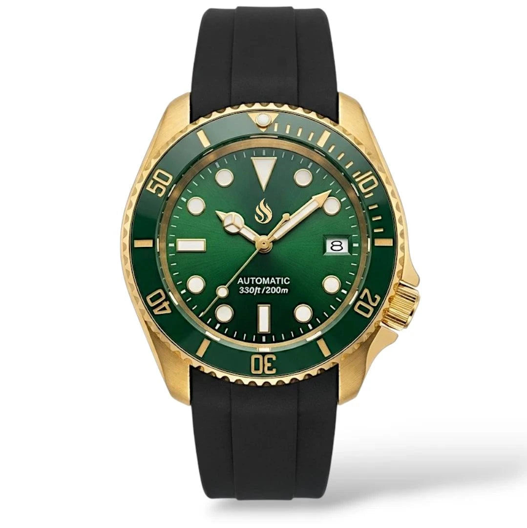 Seiko Mod SKX 42 mm Submariner Green Gold luxury diver watch with NH35 automatic movement and sapphire crystal