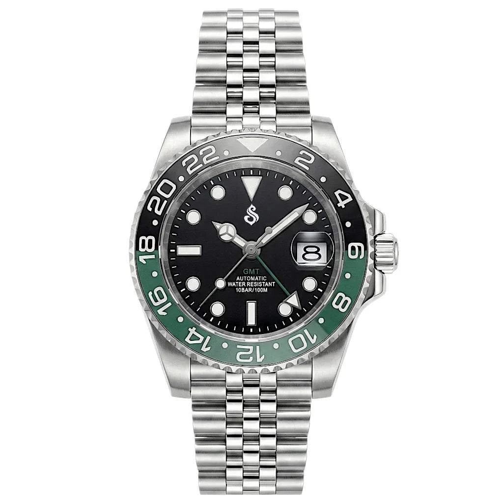 SeikMariner GMT green bezel watch with black dial and stainless steel bracelet, luxury Seiko mod design