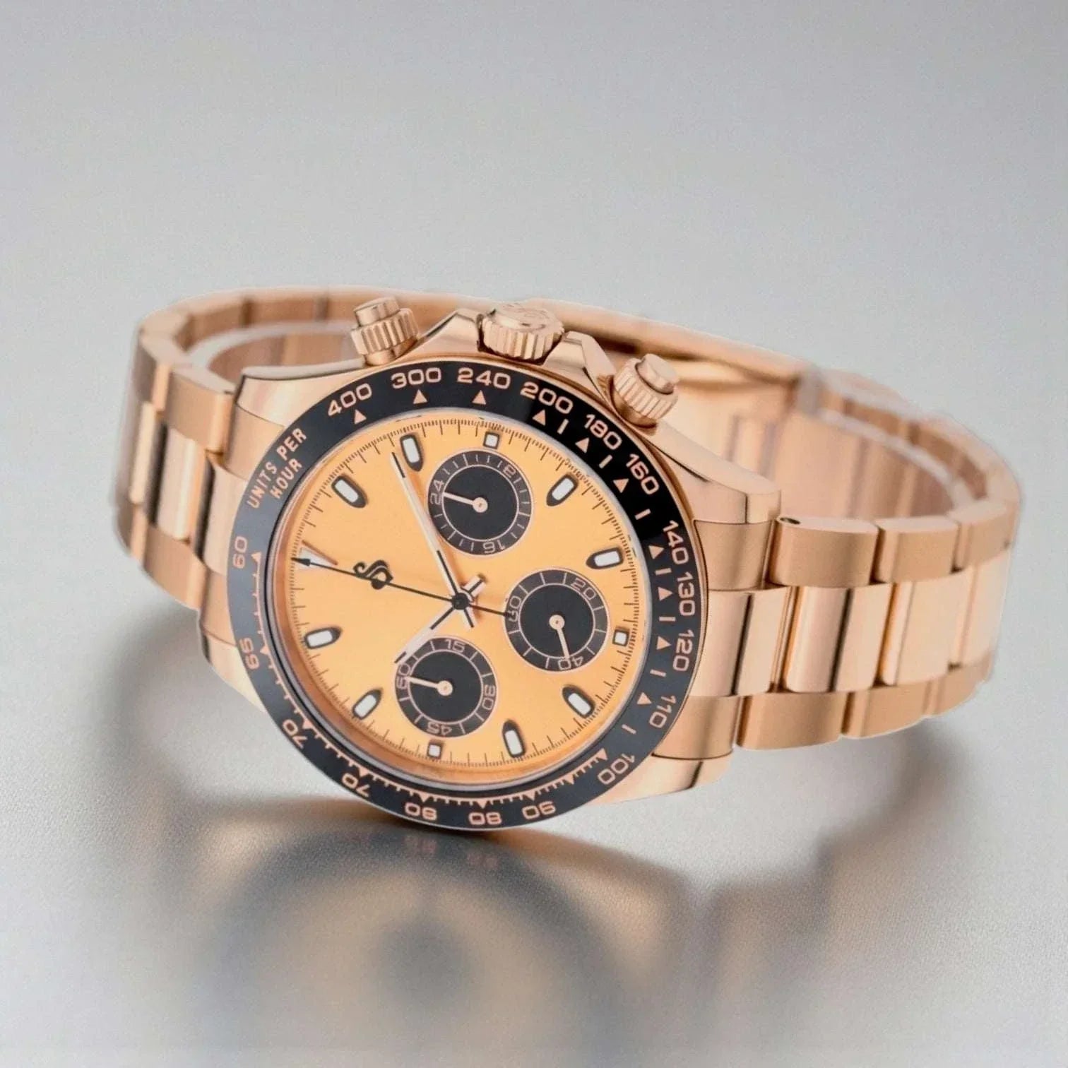 Seitona Rose Gold Seiko Mod watch with black dial and gold black ceramic bezel