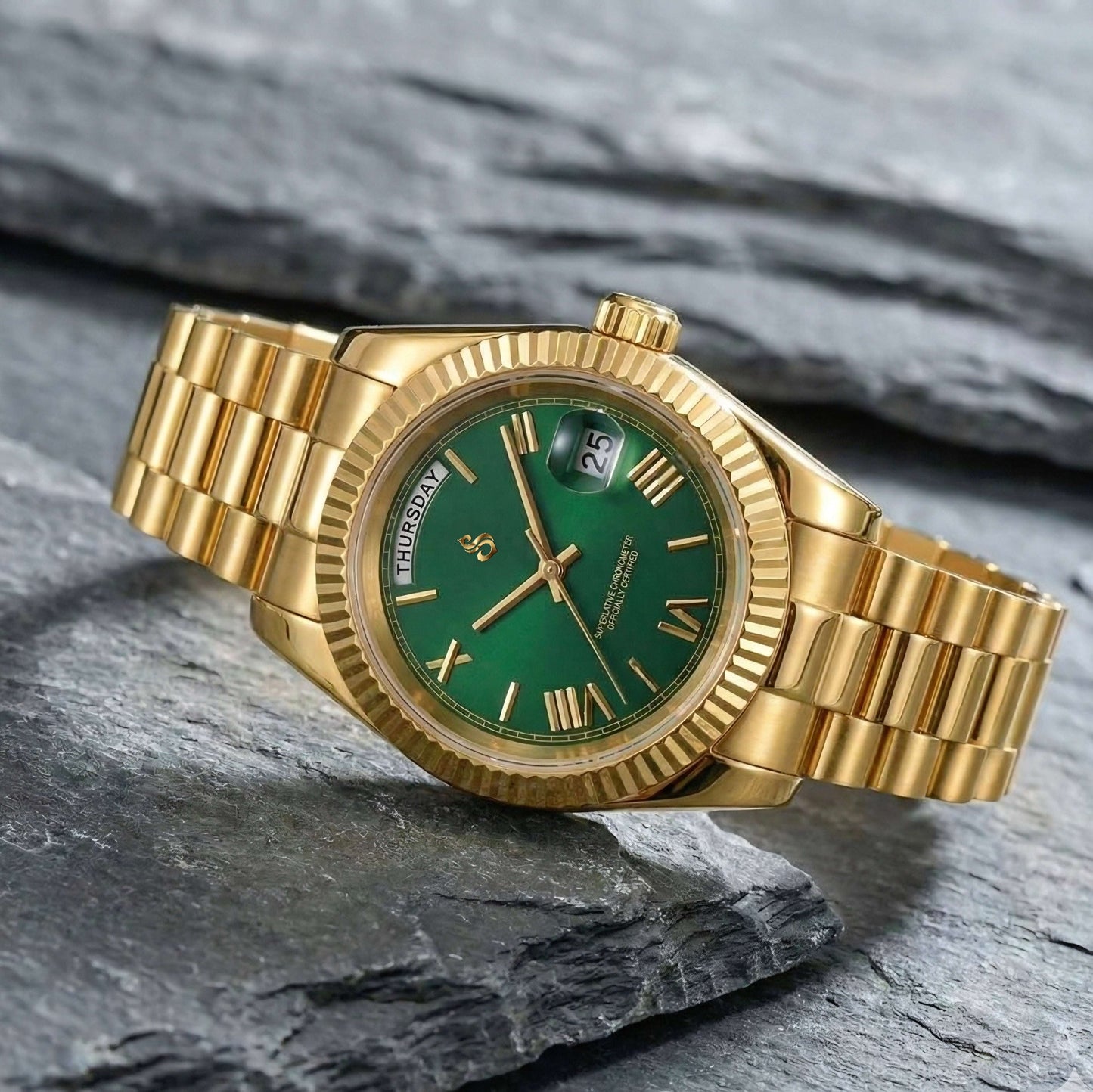 Modded Seiko watch with green day and date numerals on Luxury Modtime dial