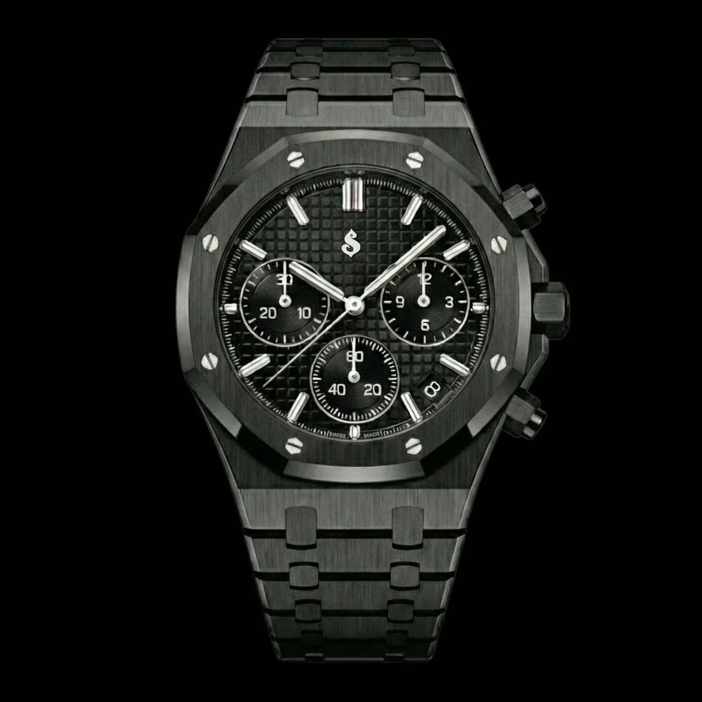 Modded Seiko Heritage Oak chronograph watch with black dial and stainless steel bracelet