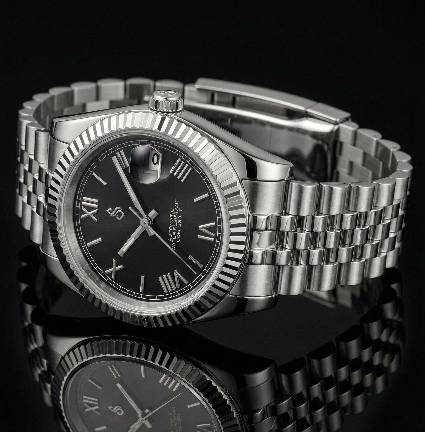Seiko Modtime Creations black dial watch with date window and Roman numerals