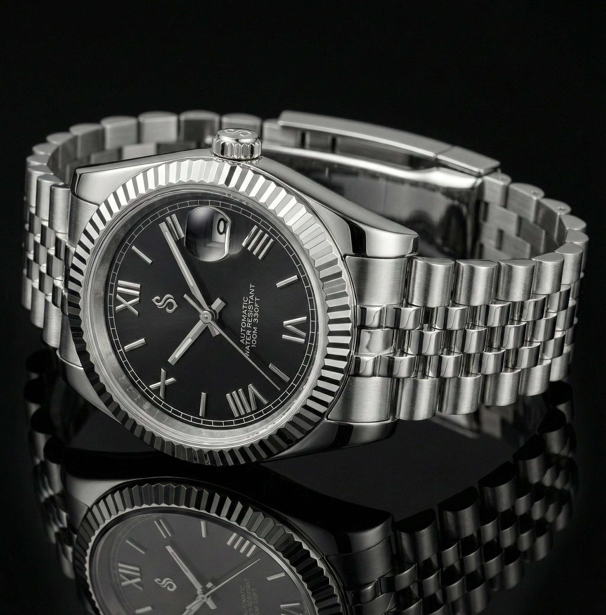 Seiko Modtime Creations black dial watch with date window and Roman numerals