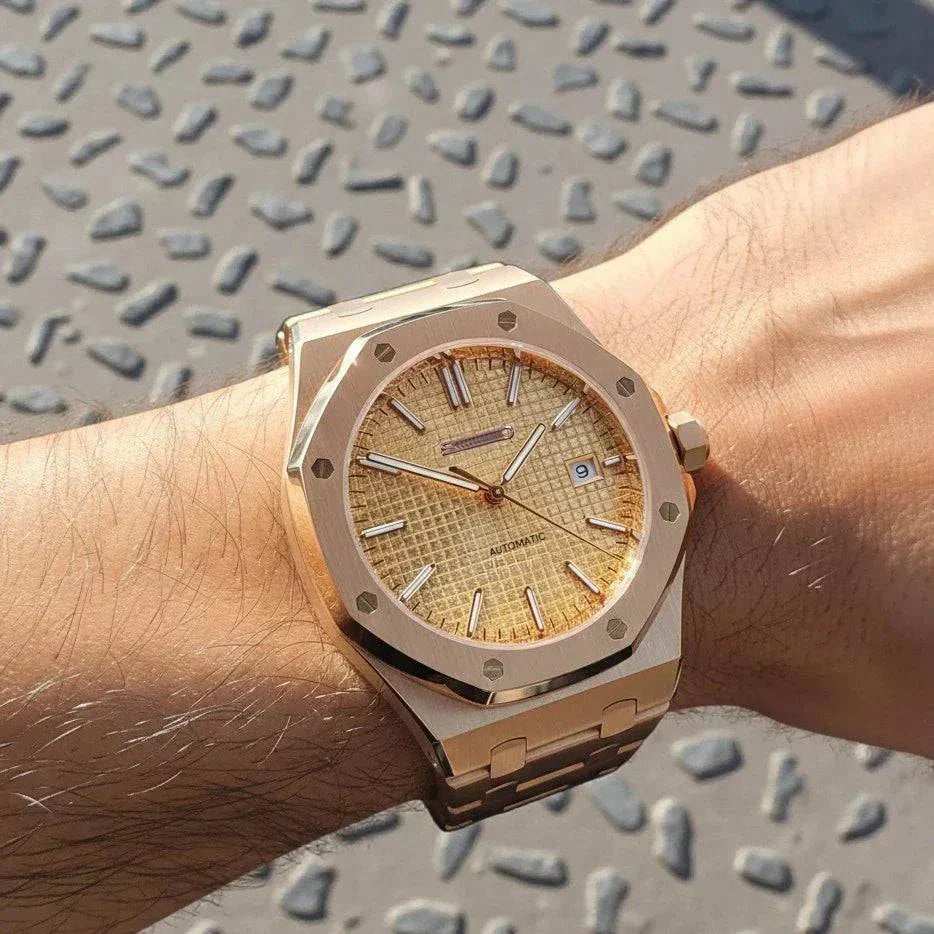 Seiko Mod Royal Oak Rose Gold custom watch with black dial and sapphire crystal