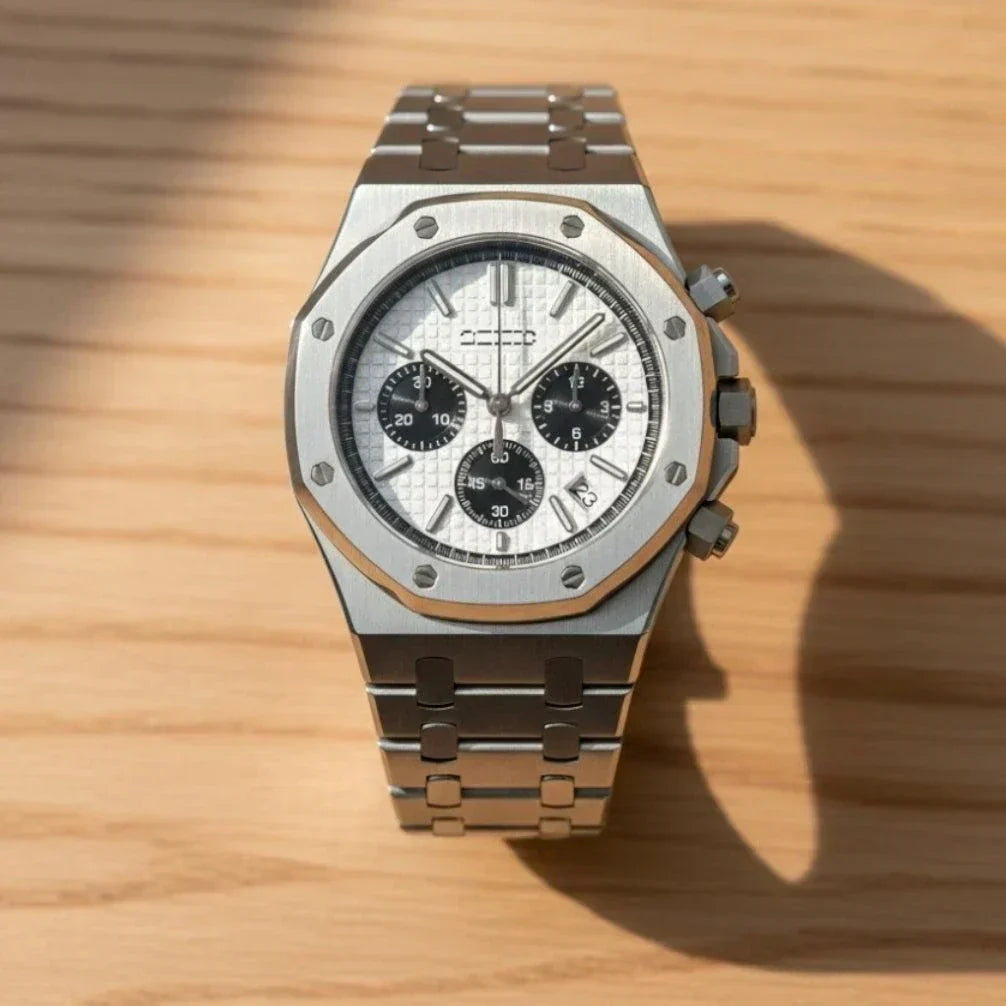 Heritage Oak Modded Seiko luxury chronograph watch with black and white panda dial and sapphire crystal glass