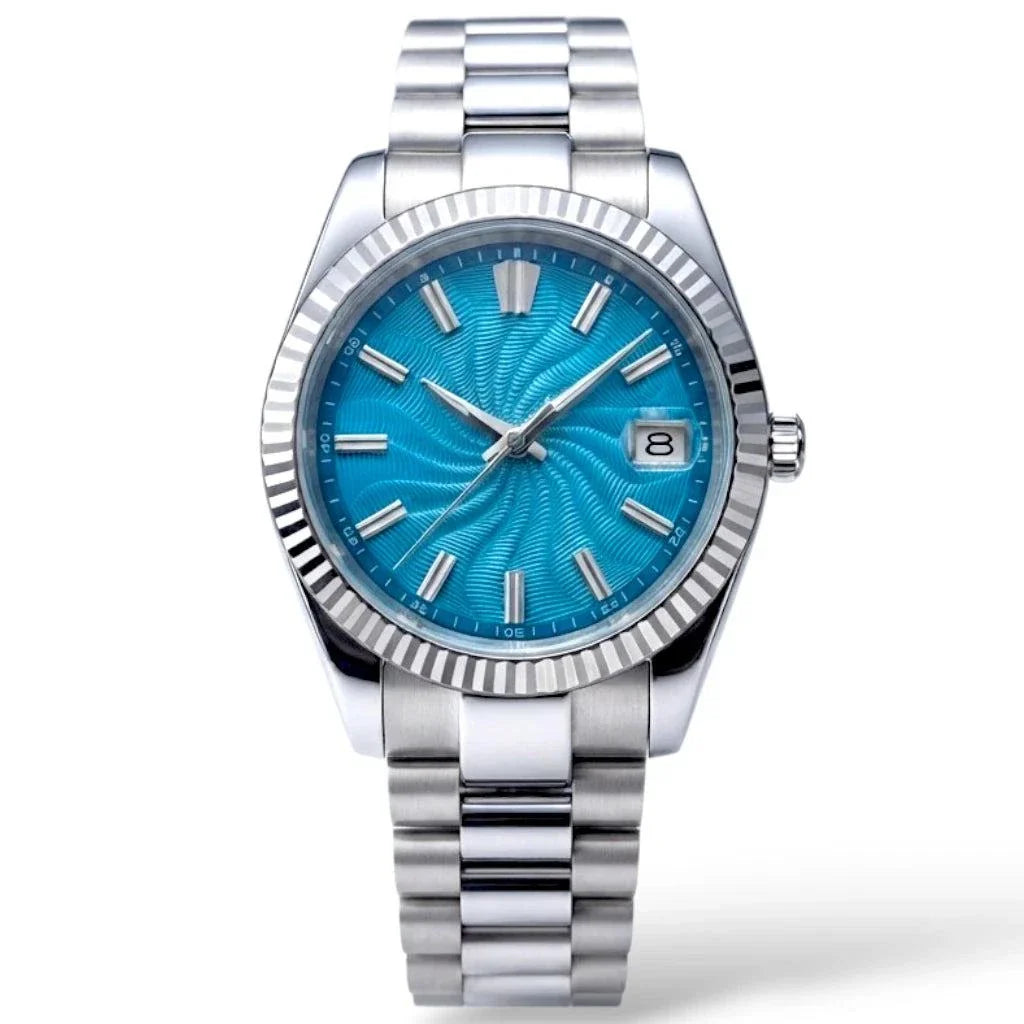 Seiko Mod Datejust stainless steel watch with a Tiffany Blue Guilloche dial, silver-tone fluted bezel, and matching steel link bracelet on a white background by Modtime Creations 