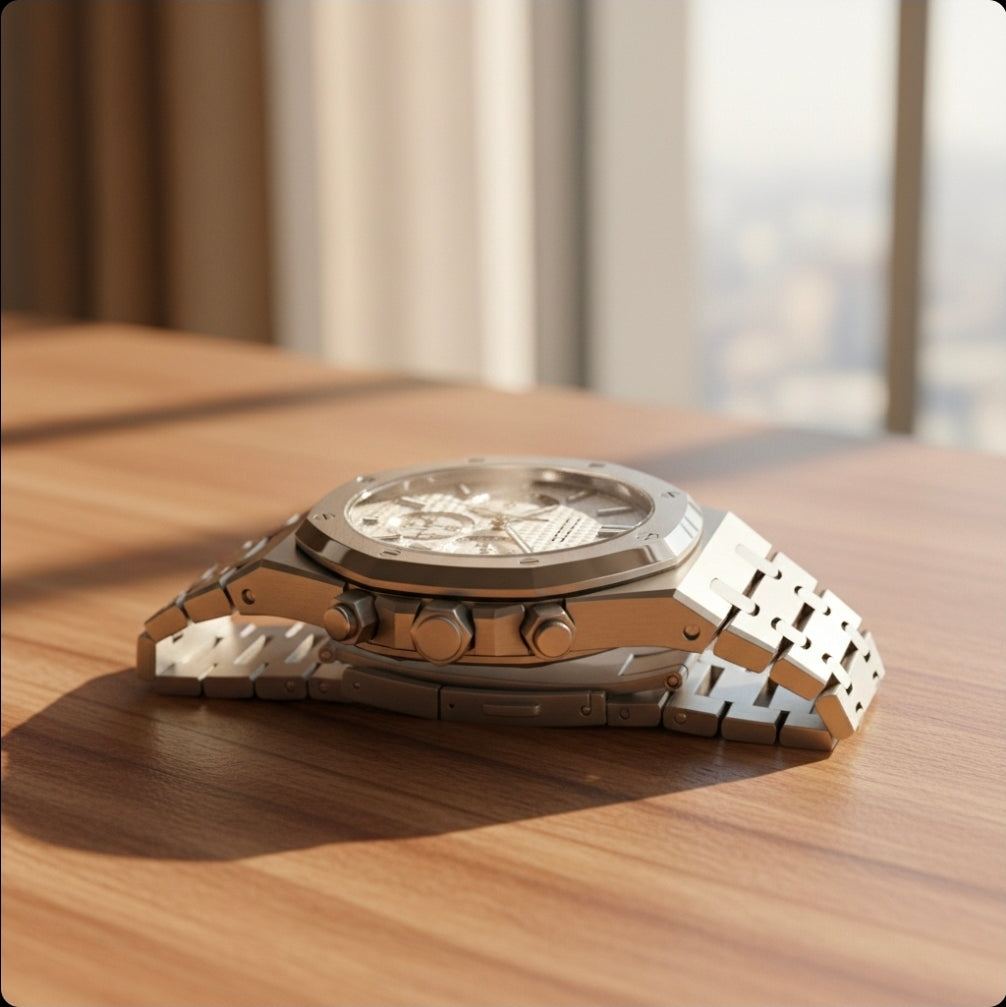 Modded Seiko Heritage Oak SeiOak chronograph with white dial and stainless steel bracelet