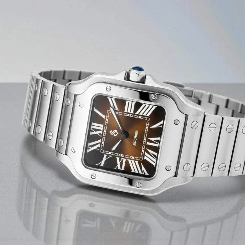 Santeiko Seiko Mod watch with silver case and brown dial, classic elegant design inspired by Santos, sapphire glass, 38mm stainless steel case