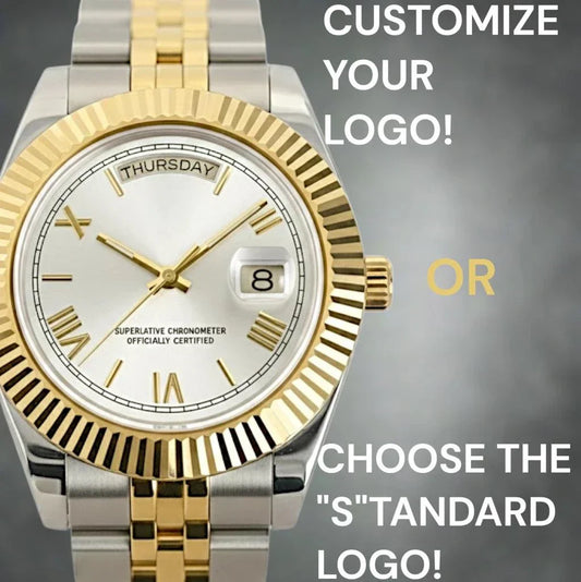 Modded Seiko watch with white Roman numerals day and date dial, two-tone stainless steel case by Modtime Creations