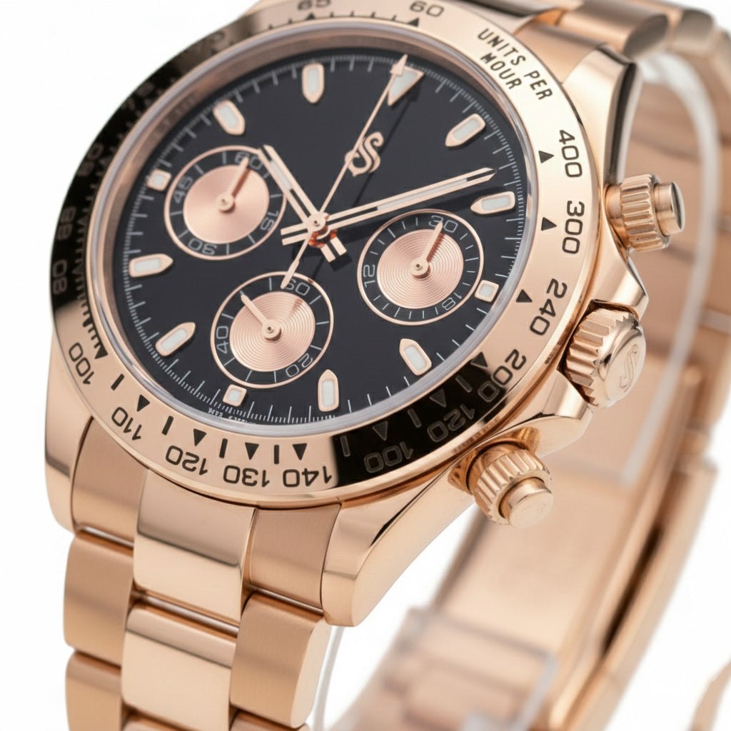 Seitona Rose Gold Black Dial luxury mod chronograph watch with stainless steel bracelet